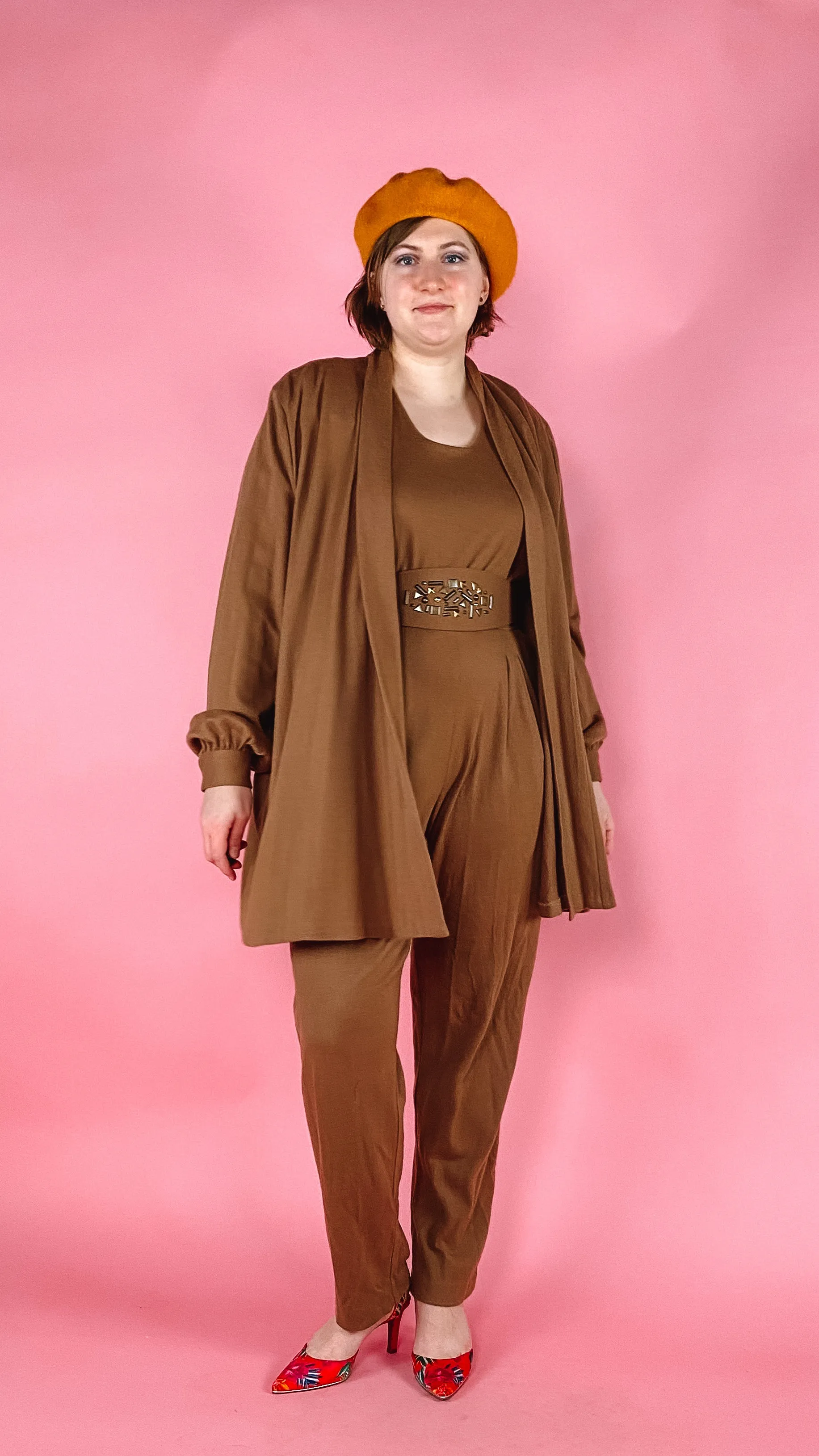 1980s Coffee Wool blend Jumpsuit and Cardigan, sz. L