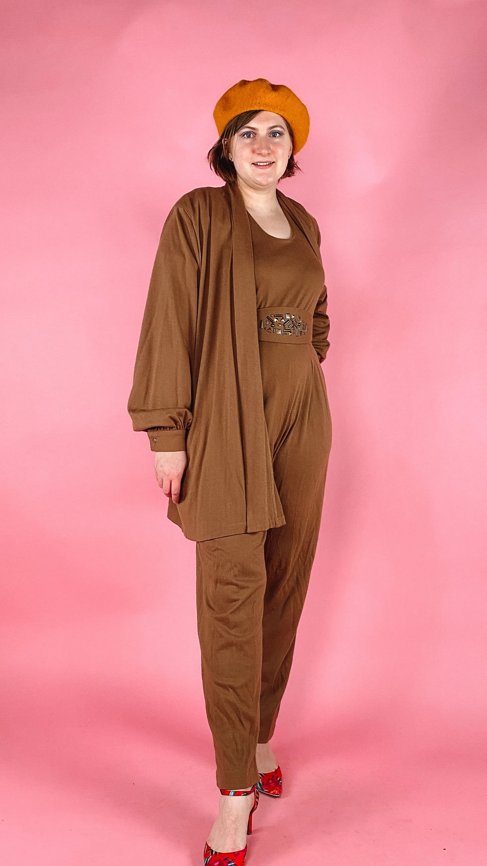 1980s Coffee Wool blend Jumpsuit and Cardigan, sz. L