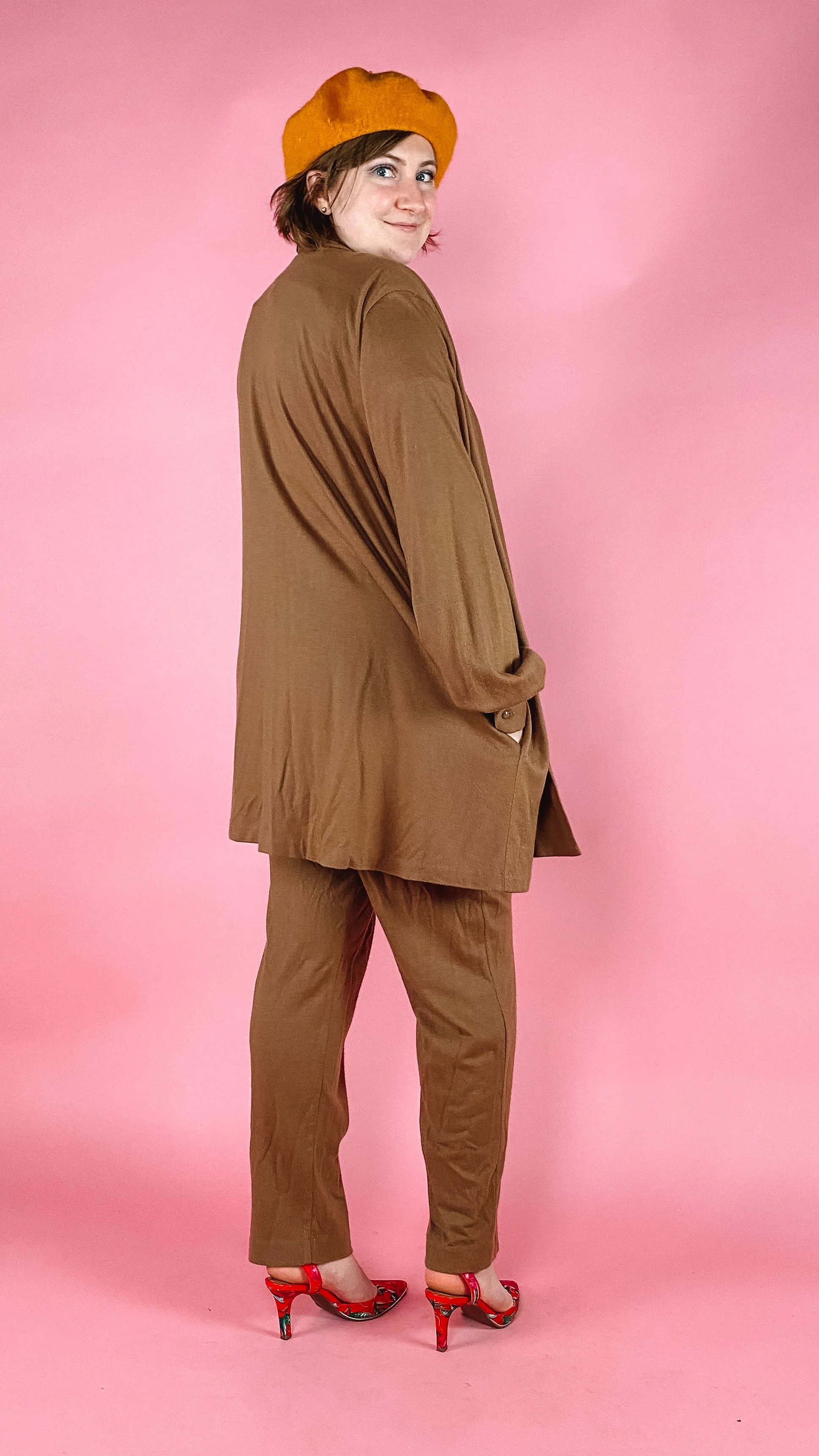 1980s Coffee Wool blend Jumpsuit and Cardigan, sz. L