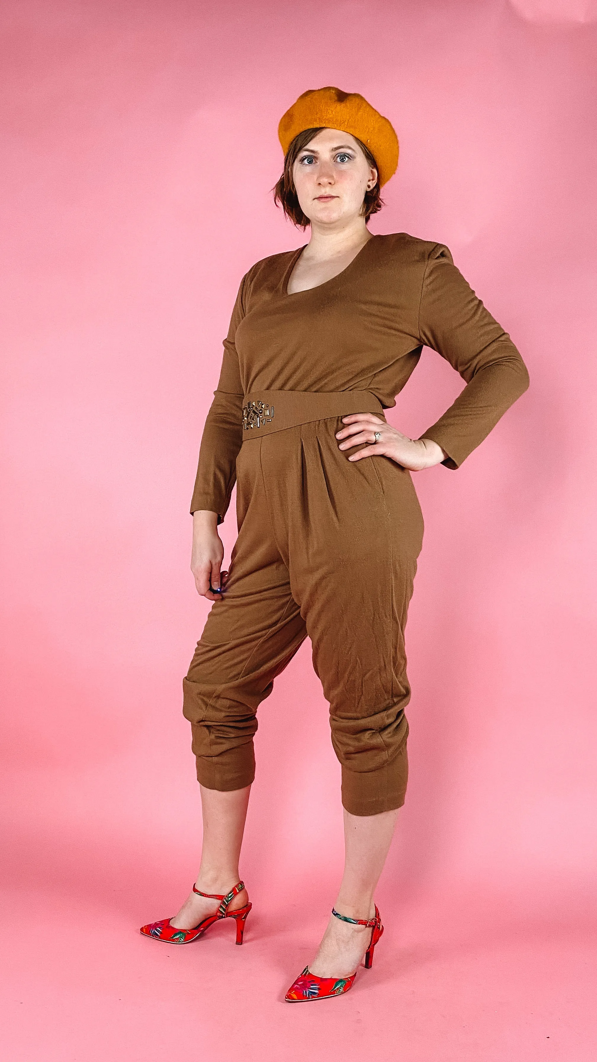 1980s Coffee Wool blend Jumpsuit and Cardigan, sz. L