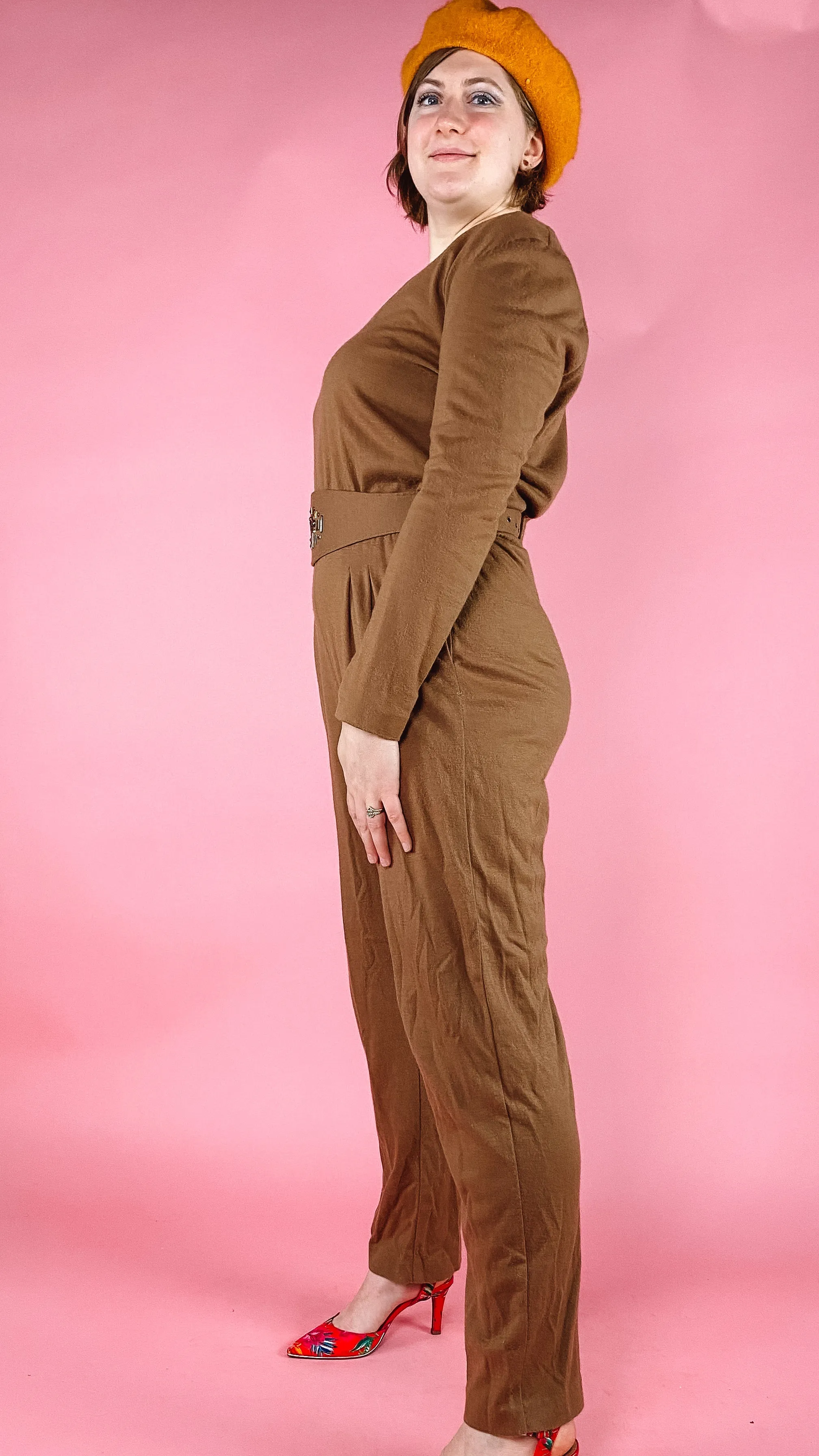 1980s Coffee Wool blend Jumpsuit and Cardigan, sz. L