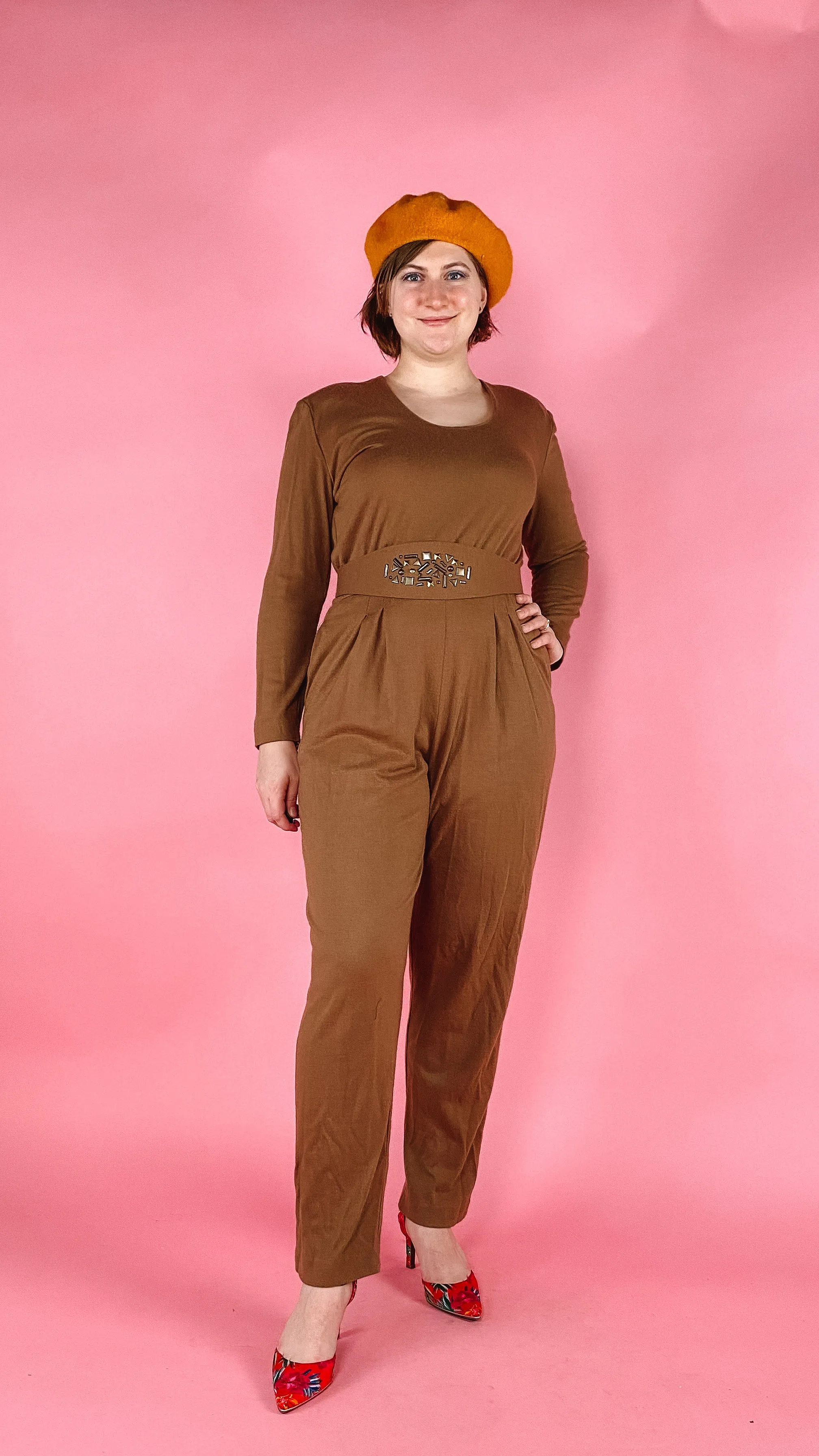 1980s Coffee Wool blend Jumpsuit and Cardigan, sz. L
