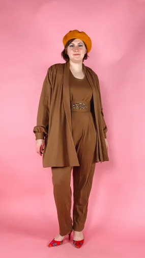 1980s Coffee Wool blend Jumpsuit and Cardigan, sz. L