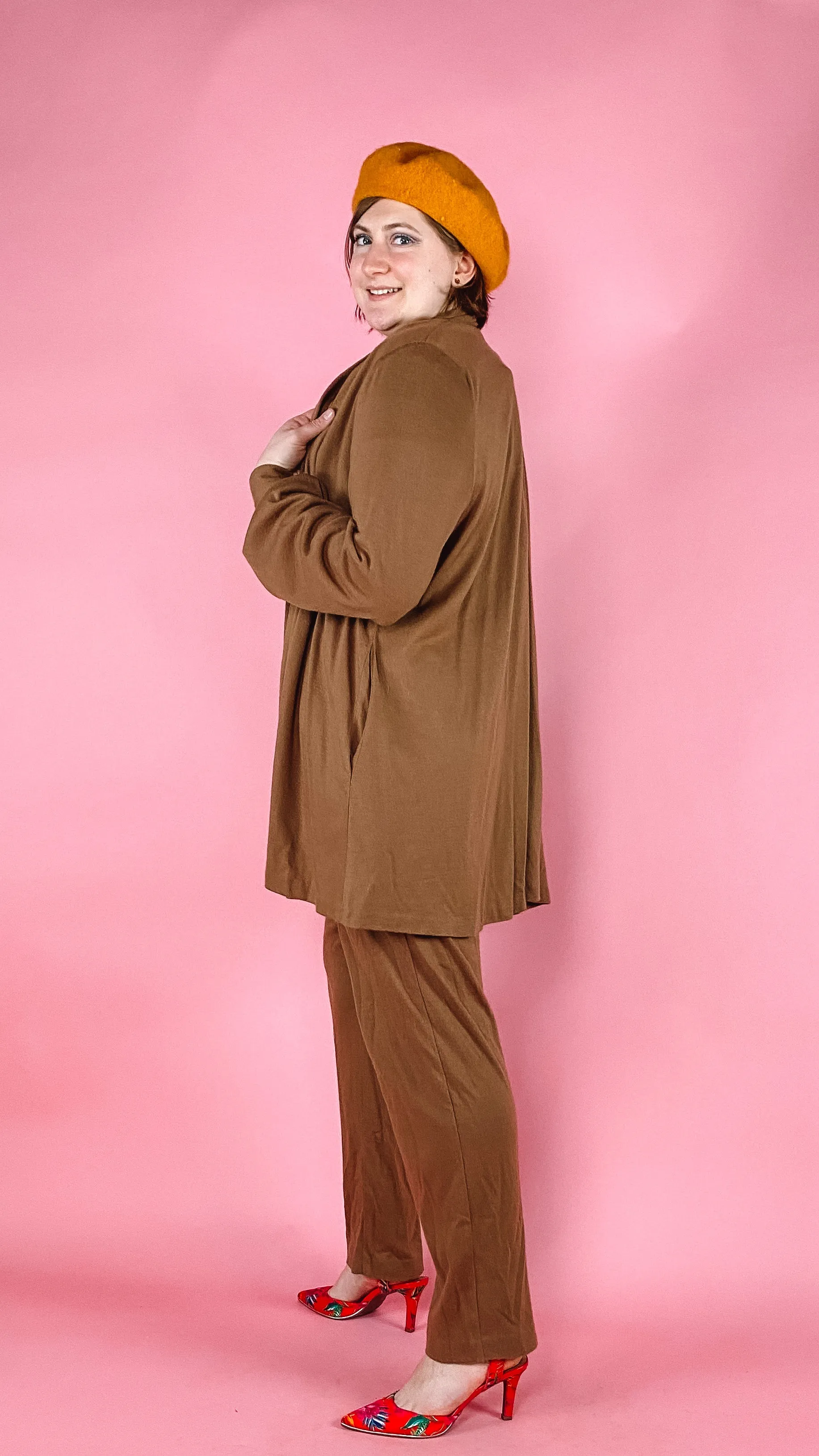 1980s Coffee Wool blend Jumpsuit and Cardigan, sz. L