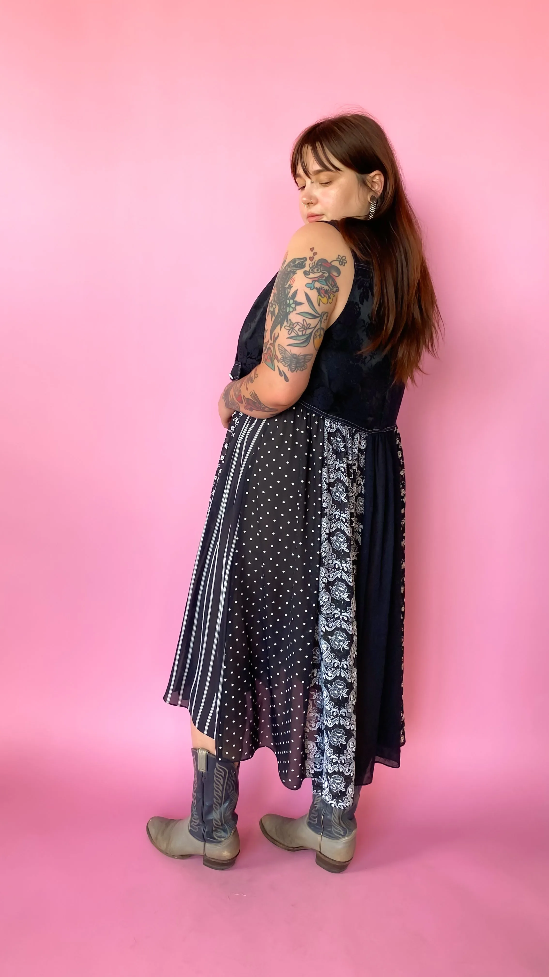 1990s Black Floral Vest Maxi Dress, sz. 1XL