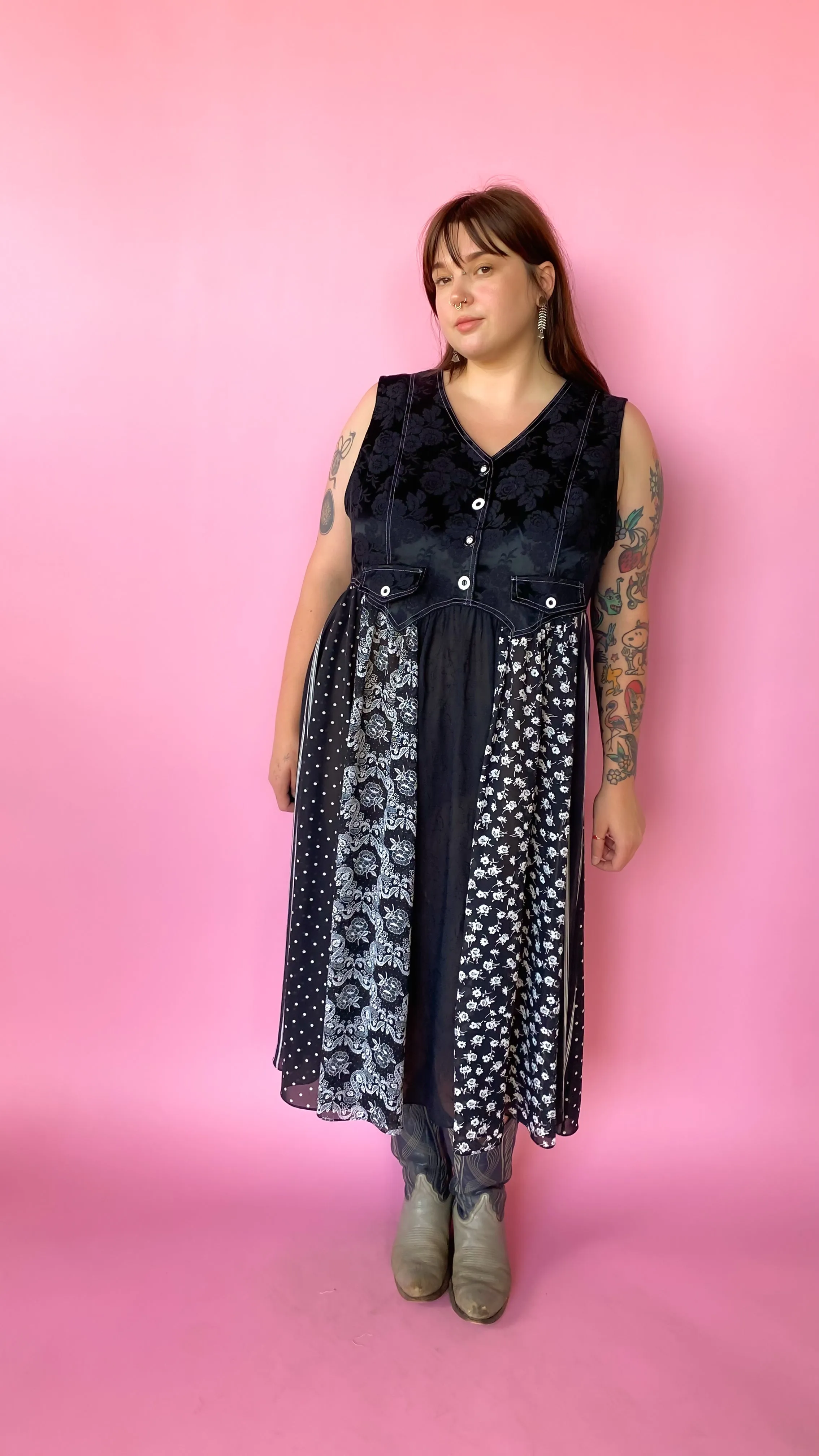 1990s Black Floral Vest Maxi Dress, sz. 1XL