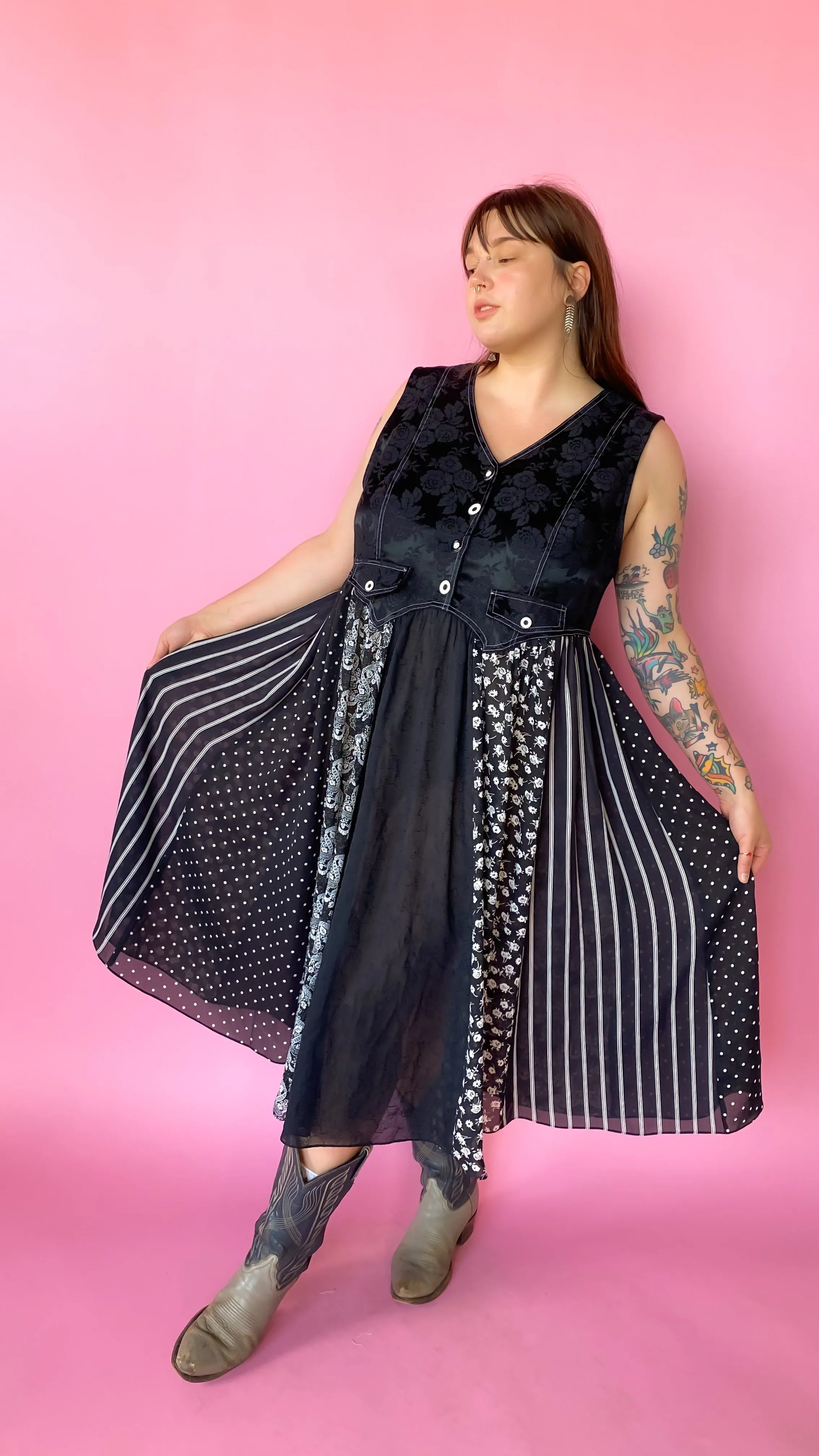 1990s Black Floral Vest Maxi Dress, sz. 1XL