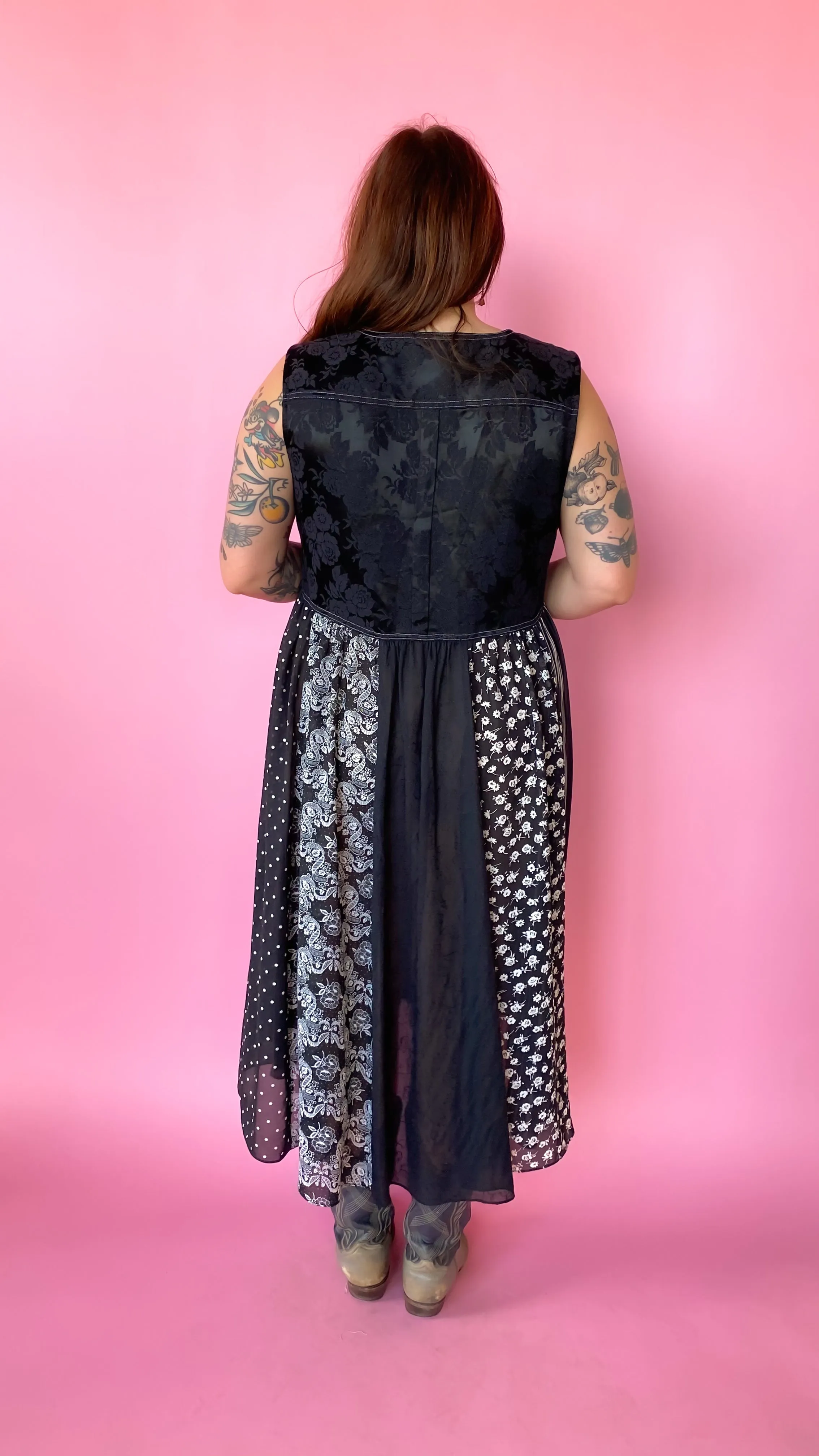 1990s Black Floral Vest Maxi Dress, sz. 1XL