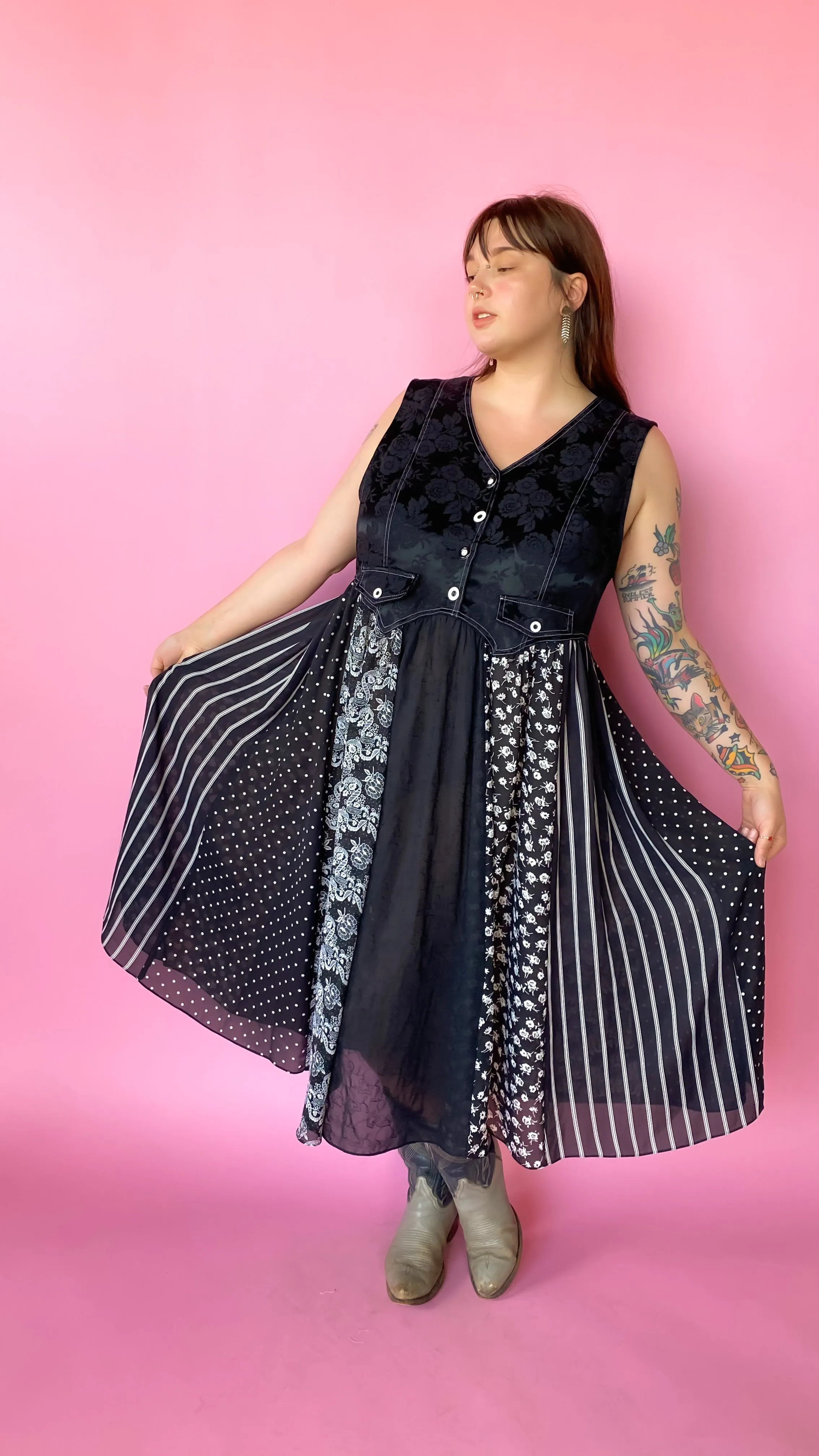 1990s Black Floral Vest Maxi Dress, sz. 1XL