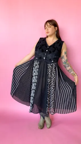 1990s Black Floral Vest Maxi Dress, sz. 1XL