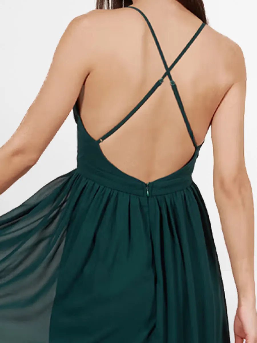 2025 Emerald Deep V Cross Back Maxi Dress,Sleeveless Thin Straps Guest Gown