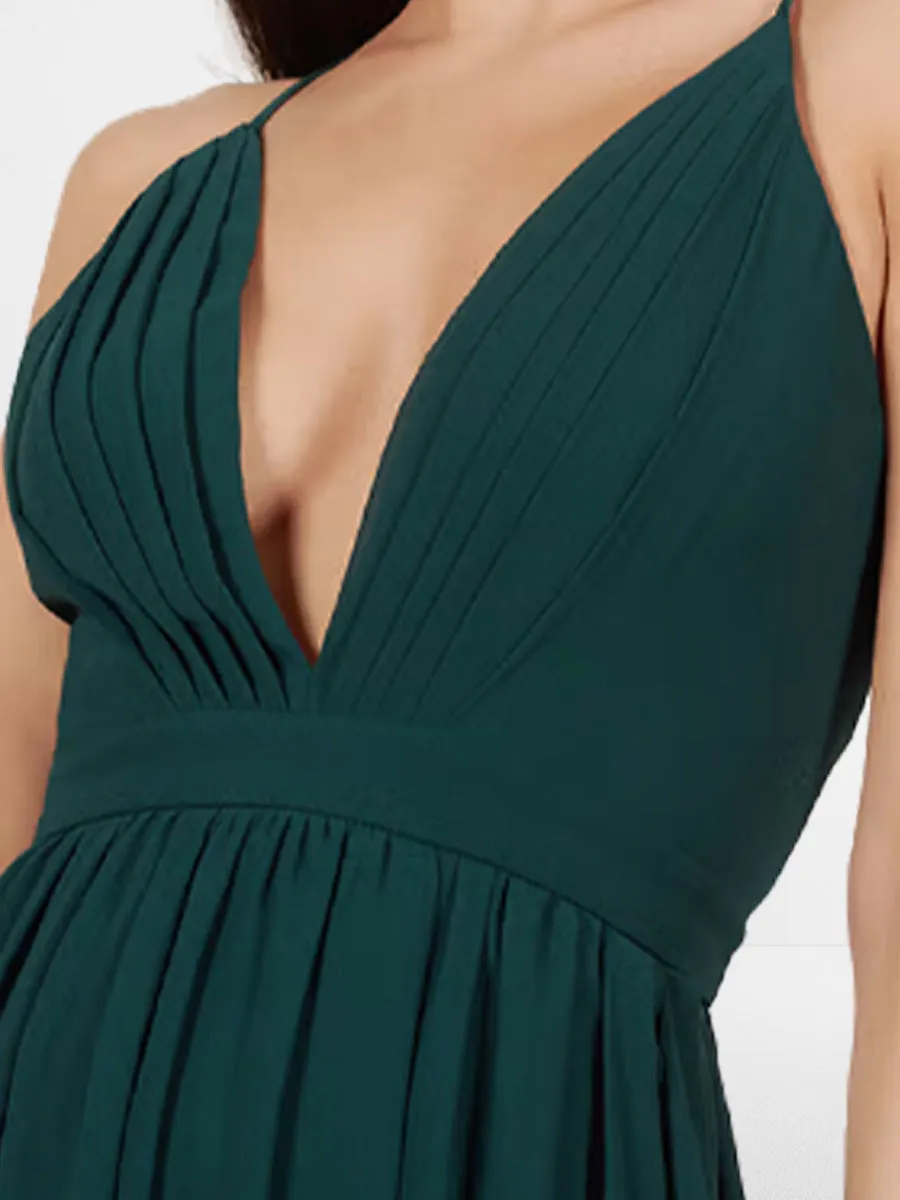2025 Emerald Deep V Cross Back Maxi Dress,Sleeveless Thin Straps Guest Gown