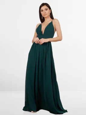 2025 Emerald Deep V Cross Back Maxi Dress,Sleeveless Thin Straps Guest Gown