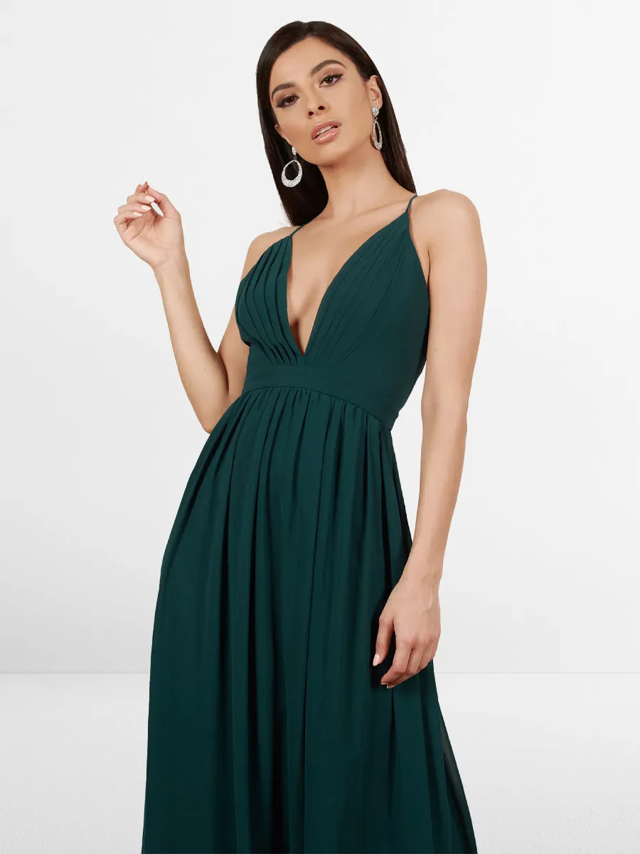 2025 Emerald Deep V Cross Back Maxi Dress,Sleeveless Thin Straps Guest Gown