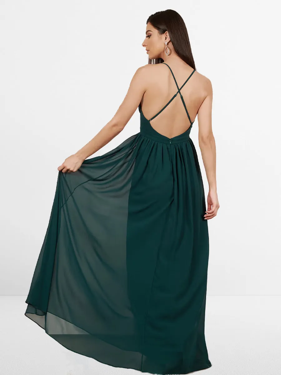 2025 Emerald Deep V Cross Back Maxi Dress,Sleeveless Thin Straps Guest Gown