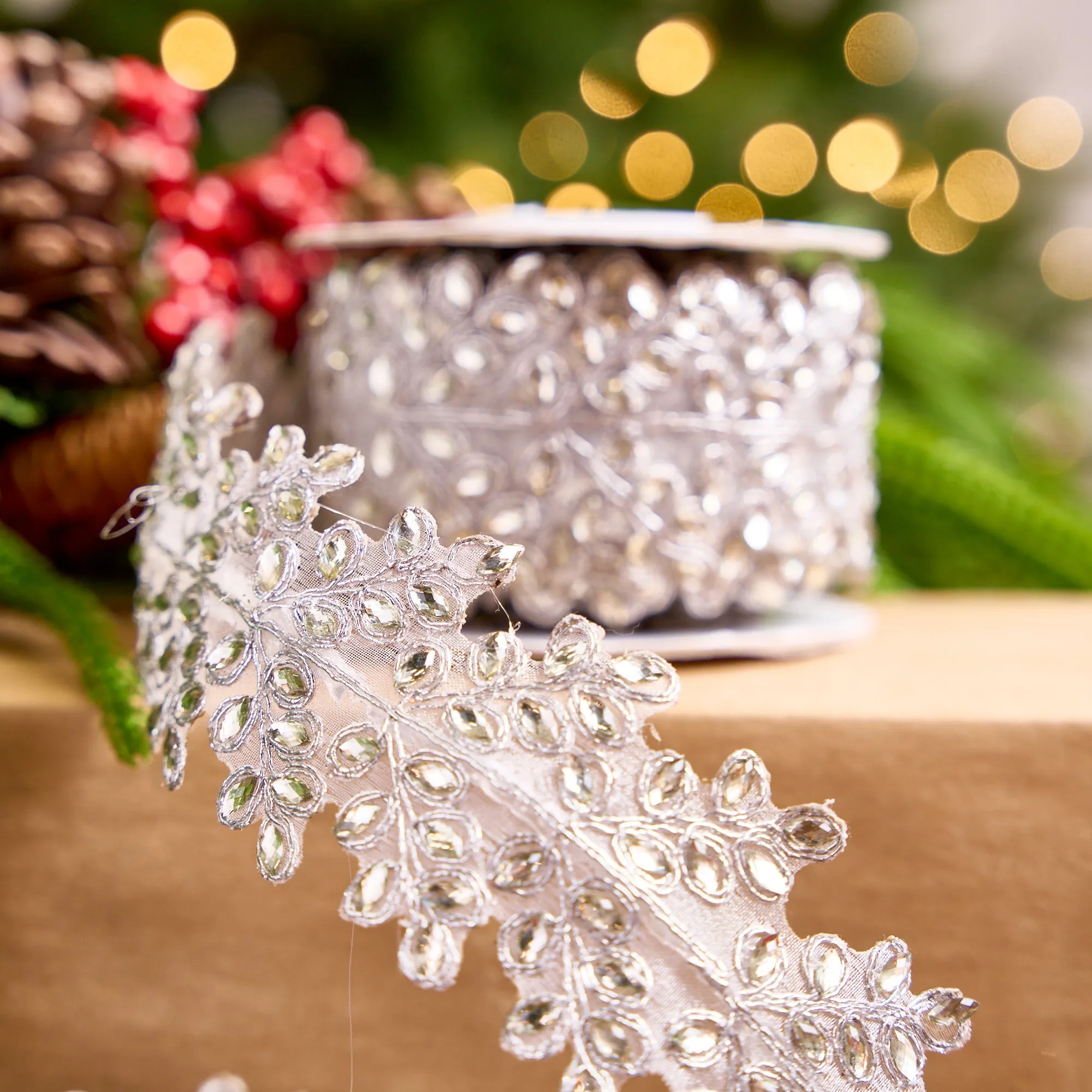 2" X 5YD Silver Sheer Beaded Floral Trim Ribbon