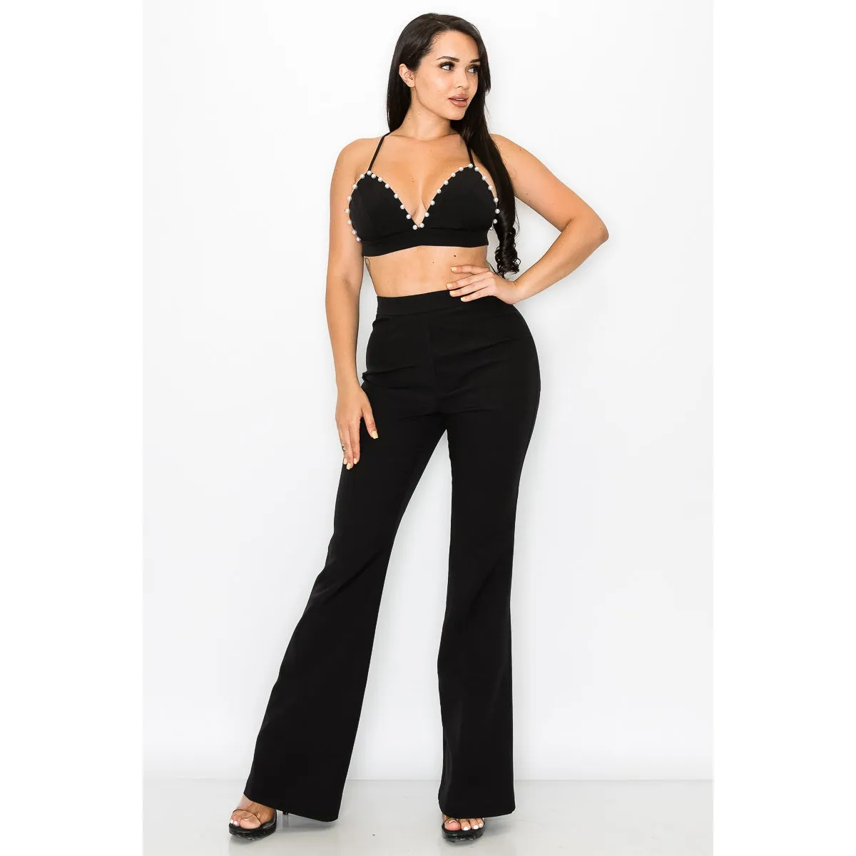 3-Piece Black Pearl Trim Pantsuit