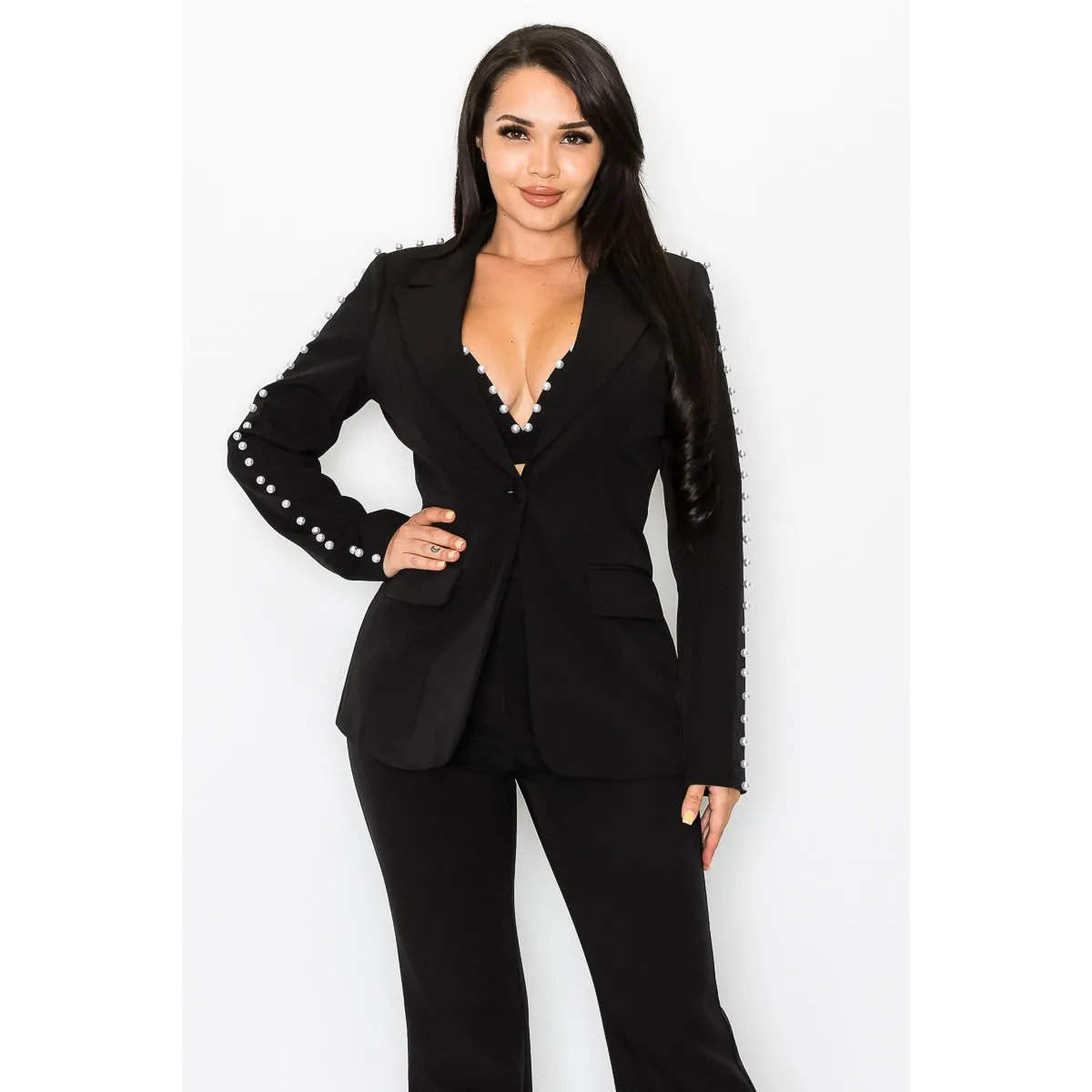 3-Piece Black Pearl Trim Pantsuit