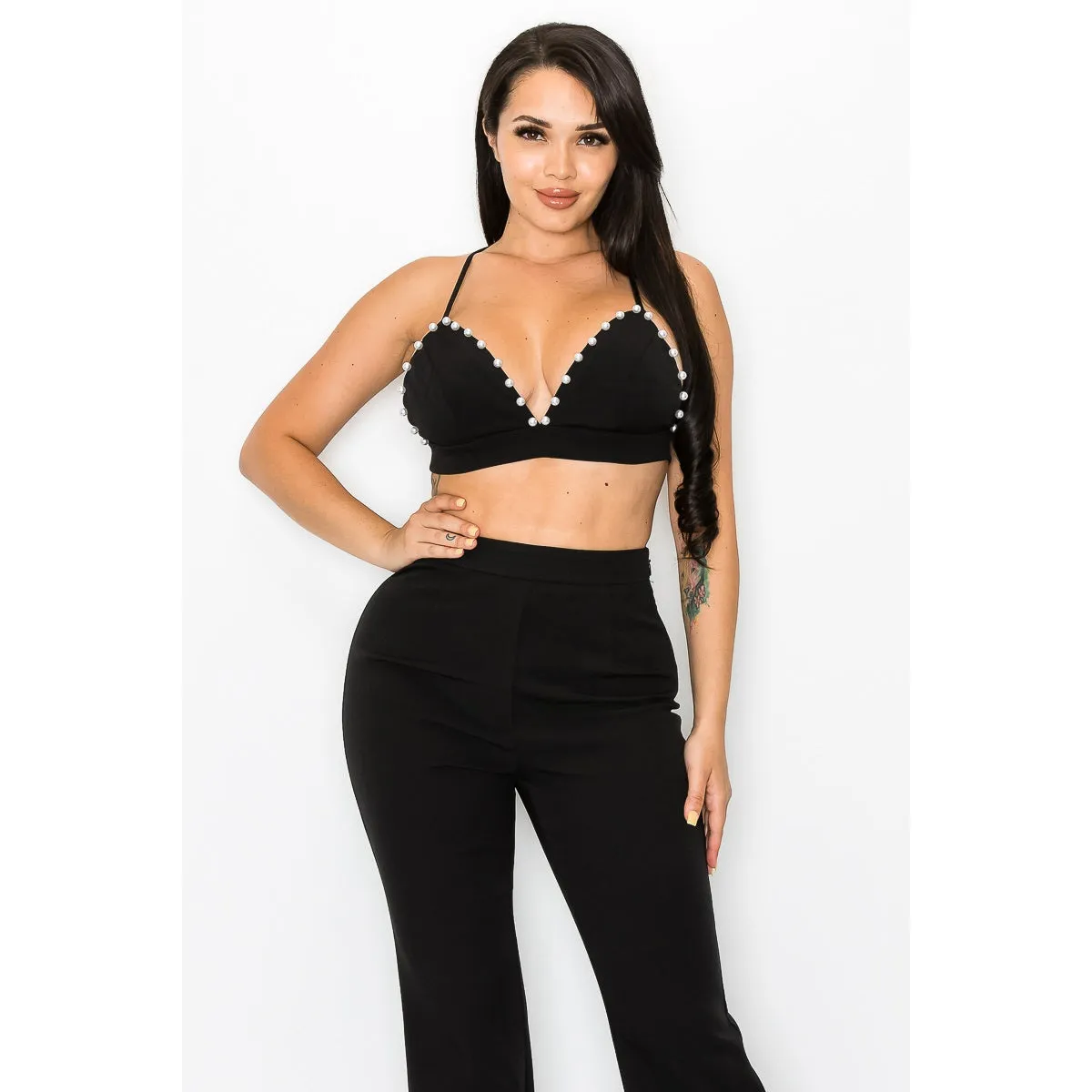 3-Piece Black Pearl Trim Pantsuit