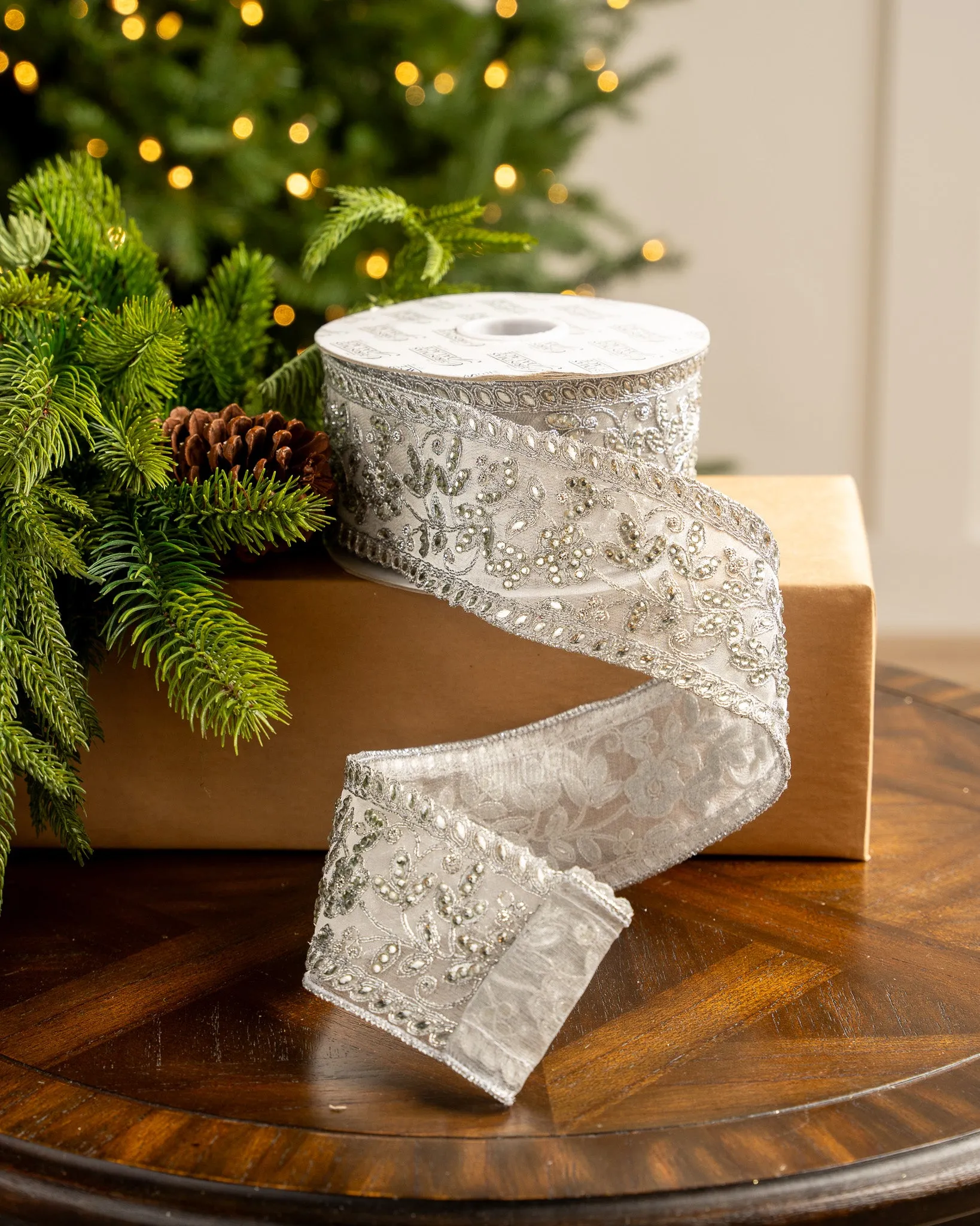 3" X 10YD Silver Jewel Lace Ribbon