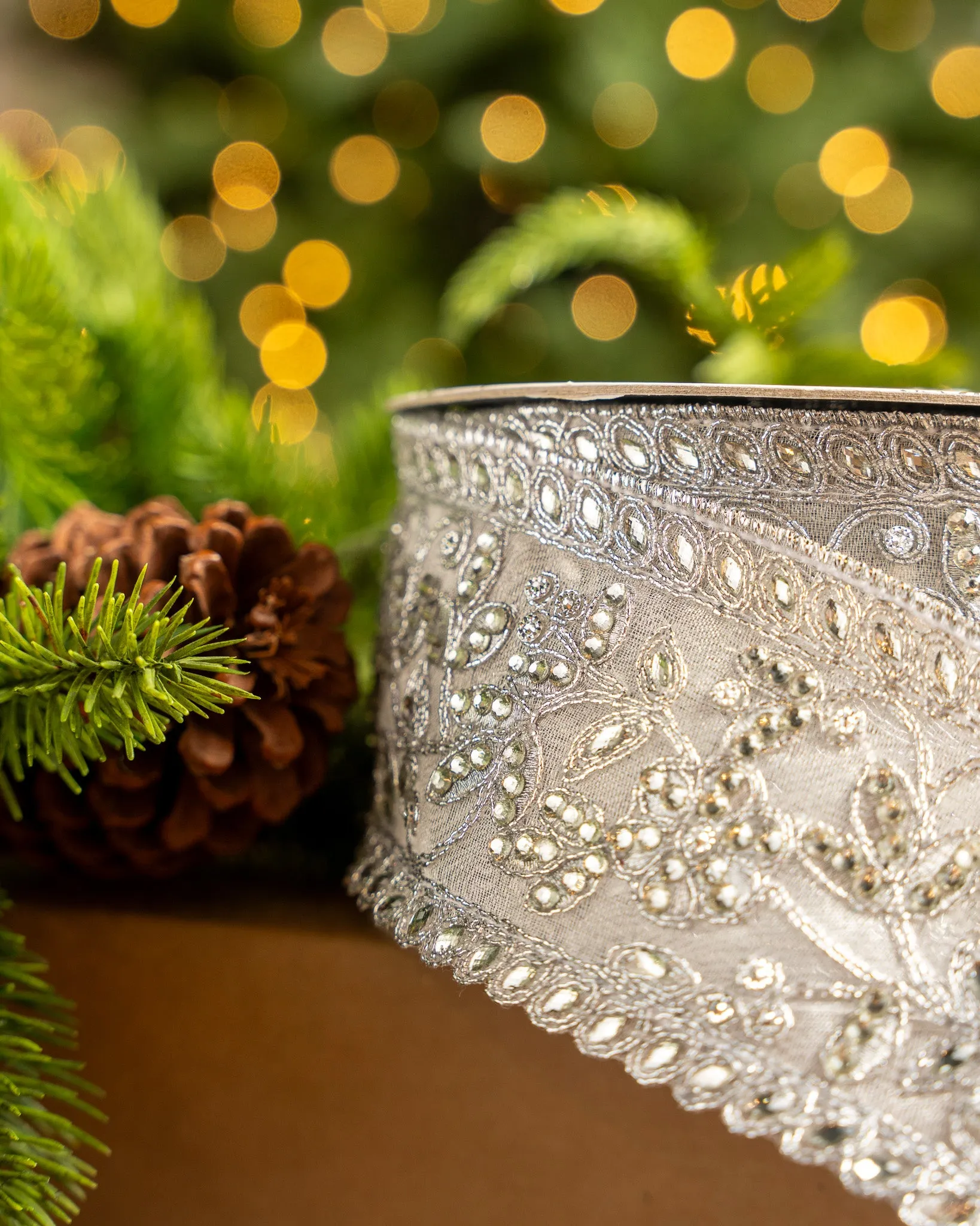 3" X 10YD Silver Jewel Lace Ribbon
