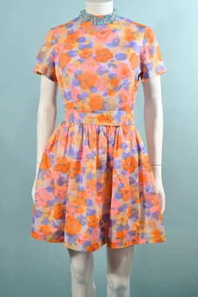60s Bright Floral Print Mini Dress   Matching Belt S/M