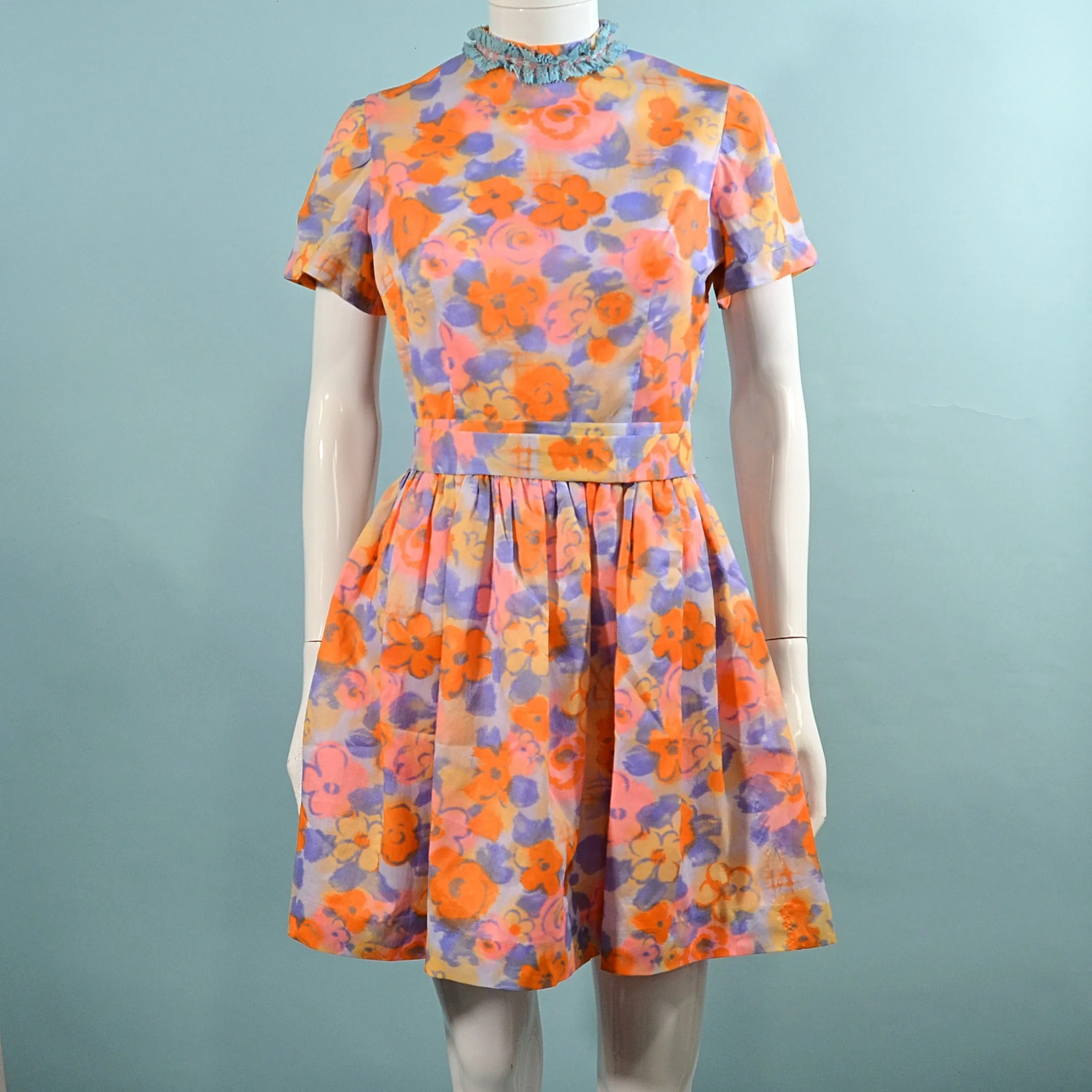 60s Bright Floral Print Mini Dress   Matching Belt S/M