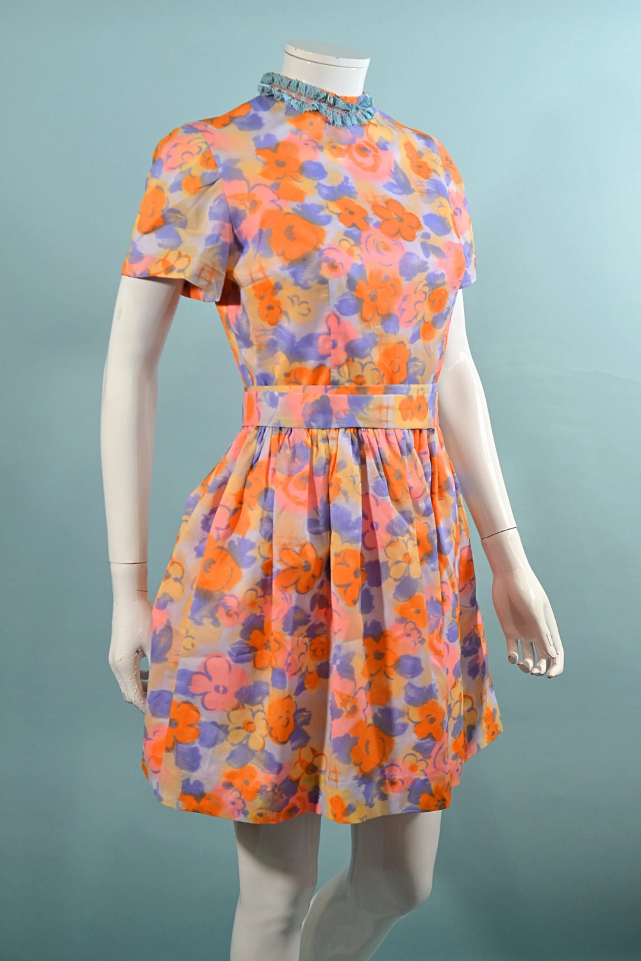 60s Bright Floral Print Mini Dress   Matching Belt S/M