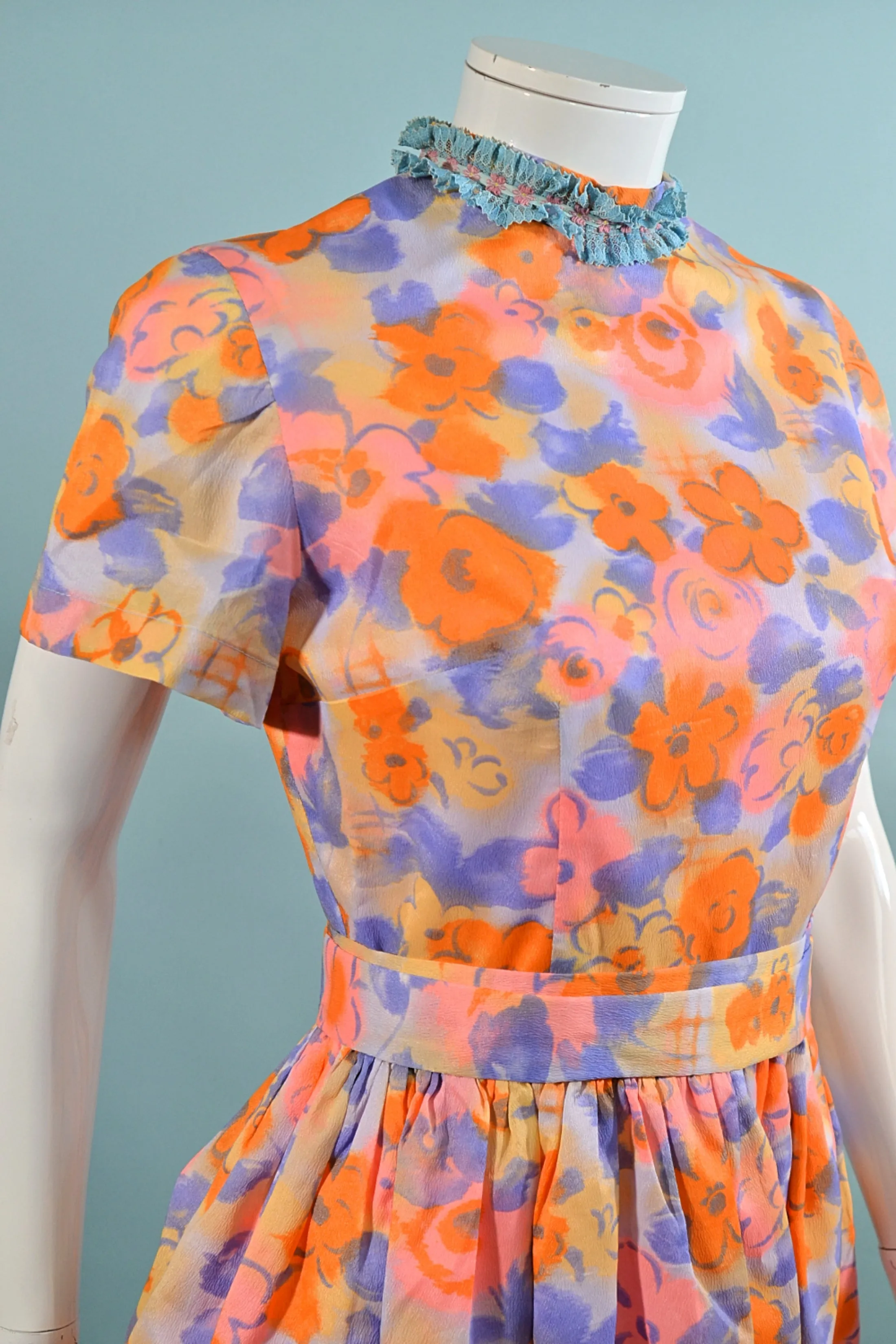 60s Bright Floral Print Mini Dress   Matching Belt S/M