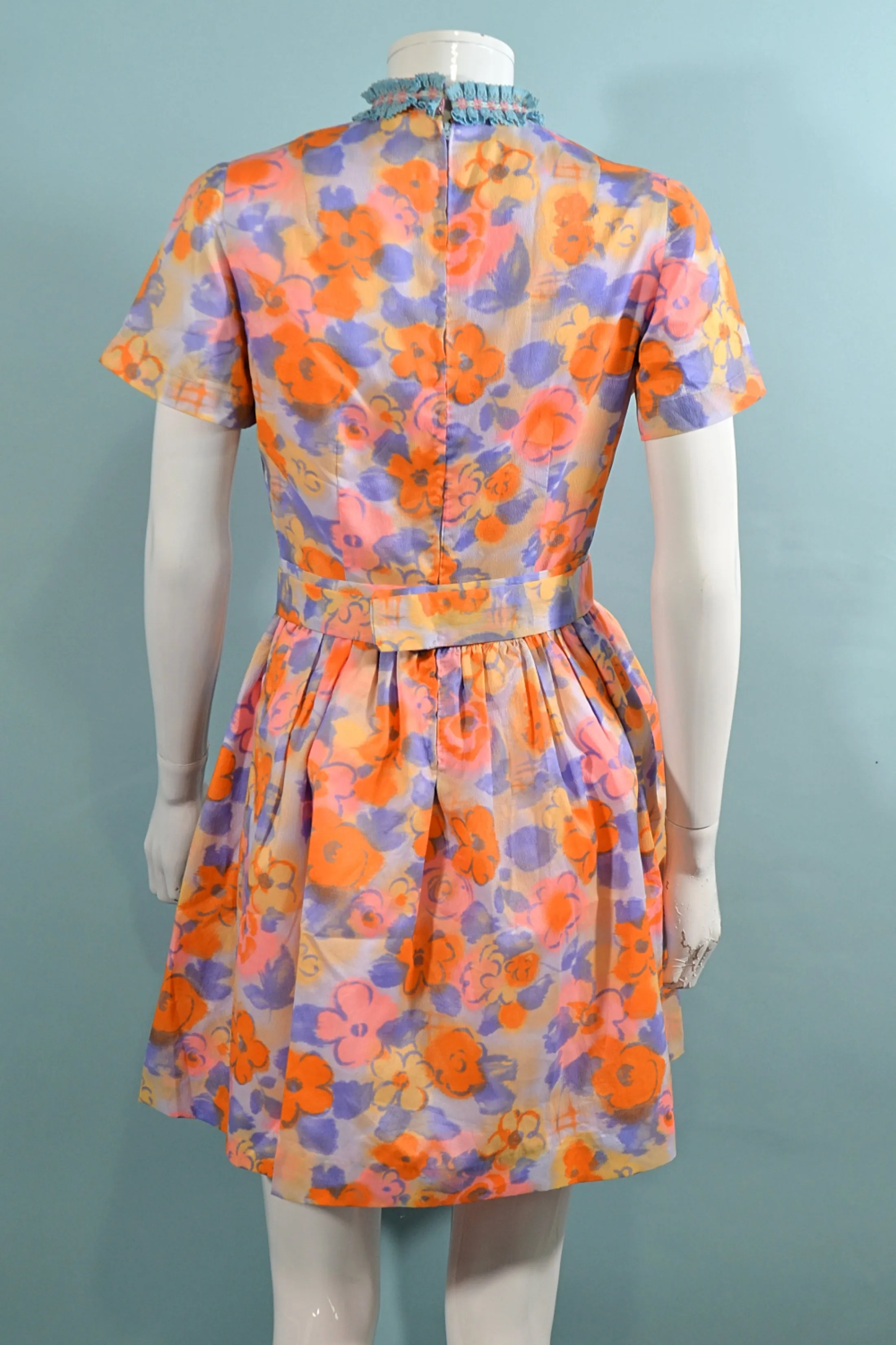 60s Bright Floral Print Mini Dress   Matching Belt S/M