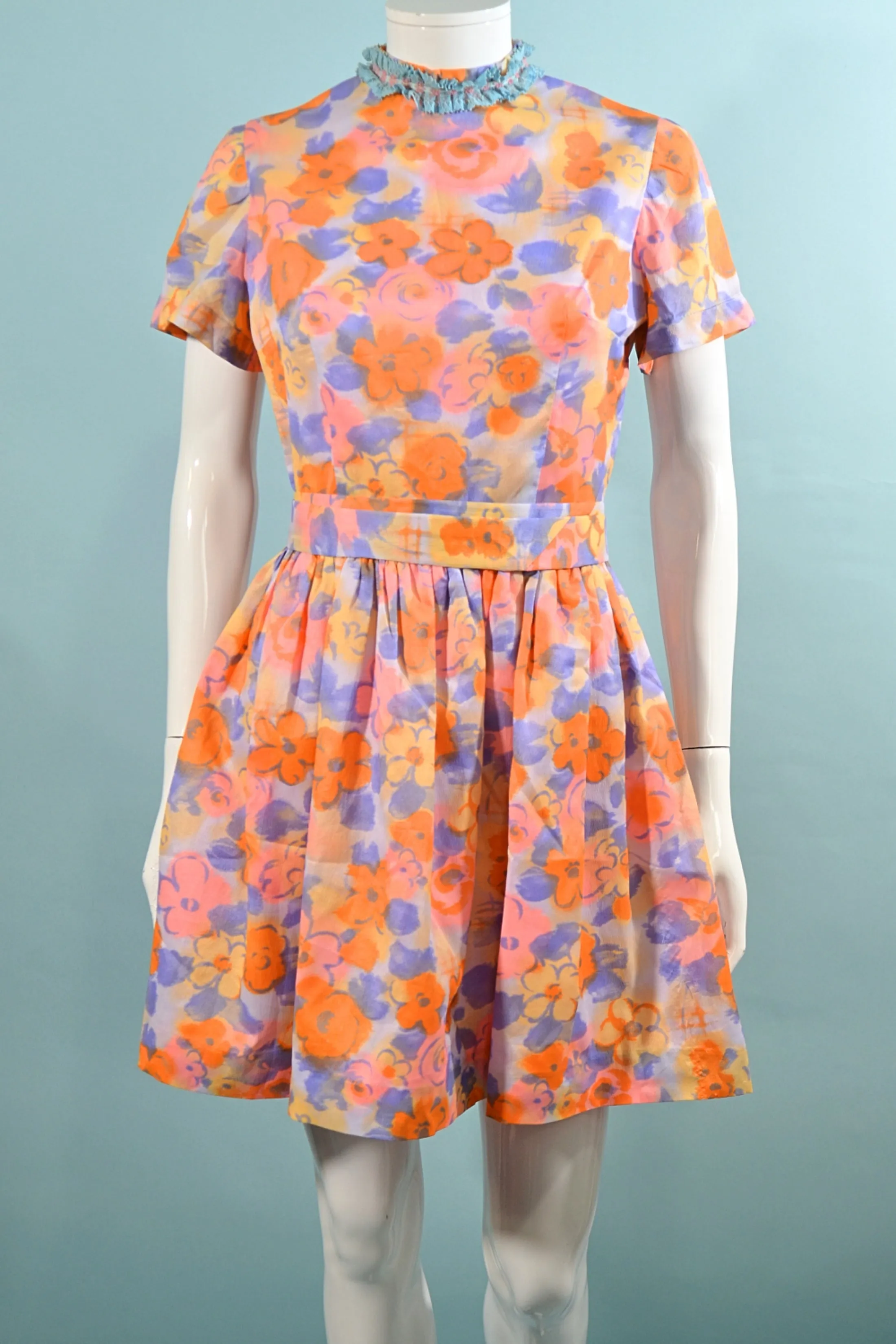 60s Bright Floral Print Mini Dress   Matching Belt S/M