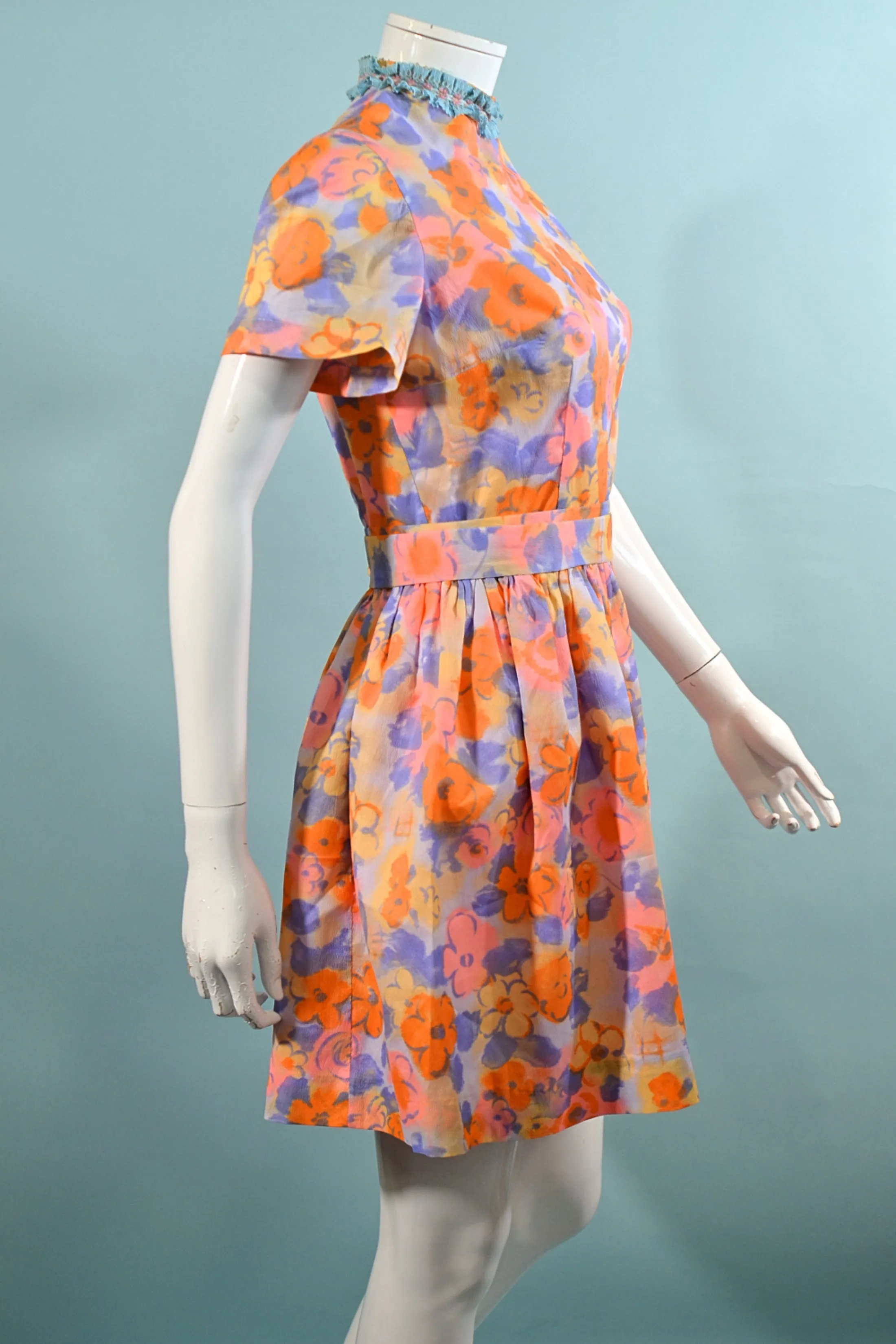 60s Bright Floral Print Mini Dress   Matching Belt S/M