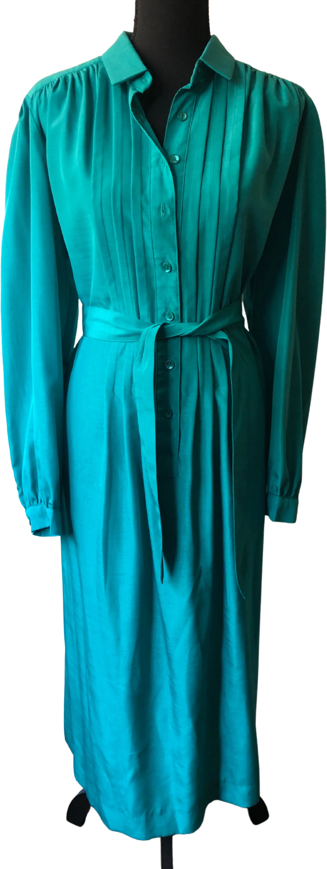 '70’s ILGWU Green Pleated Shirtwaist Dress with Tie Belt by Schrader Sport