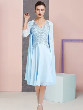 A-Line Mother of the Bride Dress Formal Wedding Guest Vintage Elegant V Neck Knee Length Chiffon Lace 3/4 Length Sleeve Jacket Dresses with Beading Sequin Appliques