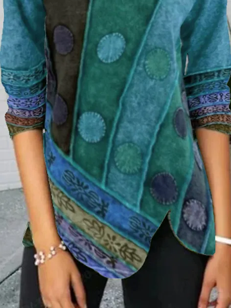 Abstract Long Sleeve Vintage Shift Shirts & Tops