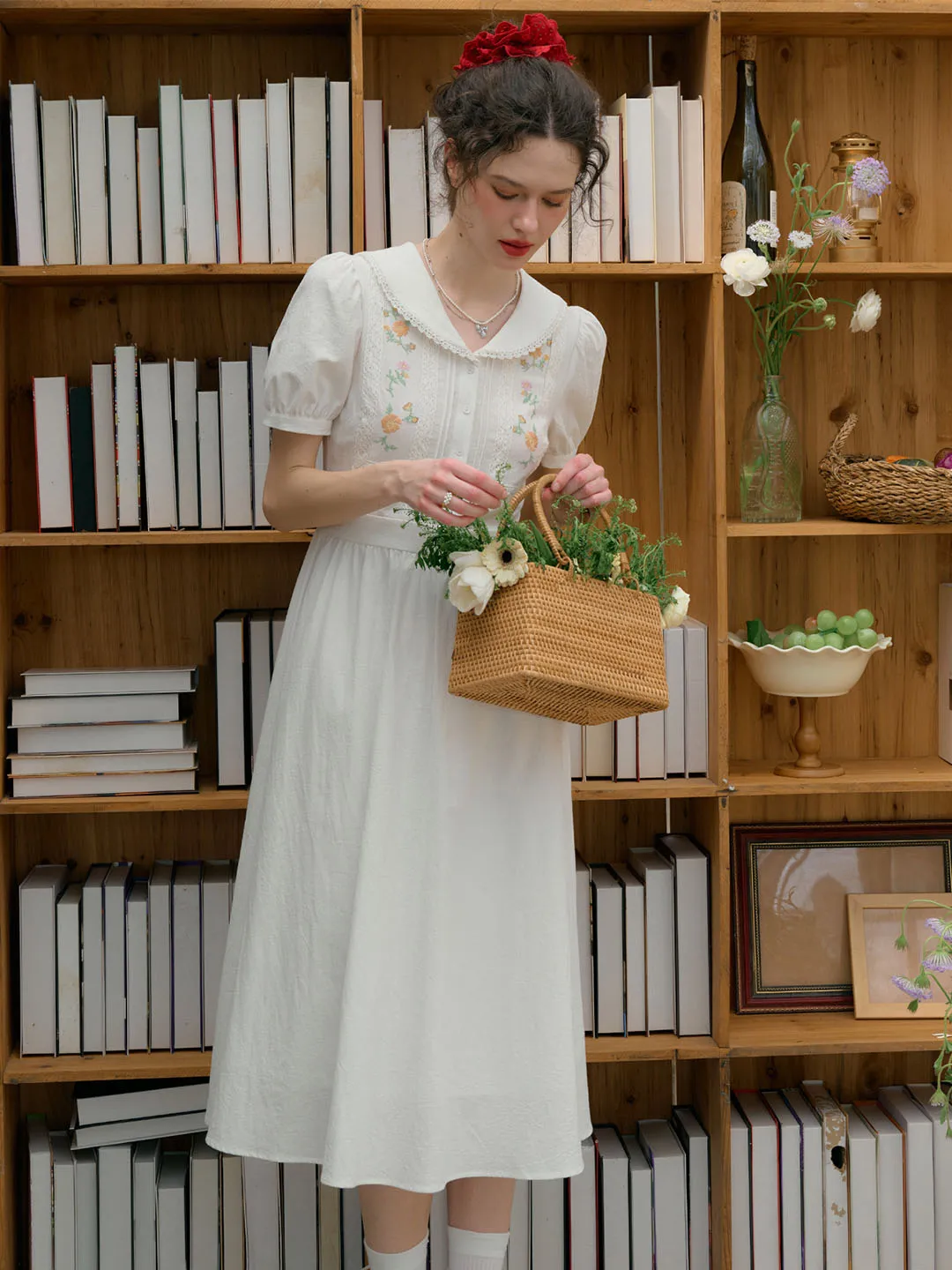 Adelina Peter Pan Collar Floral Embroidered Hollow Lace Puff Sleeve Cotton Dress