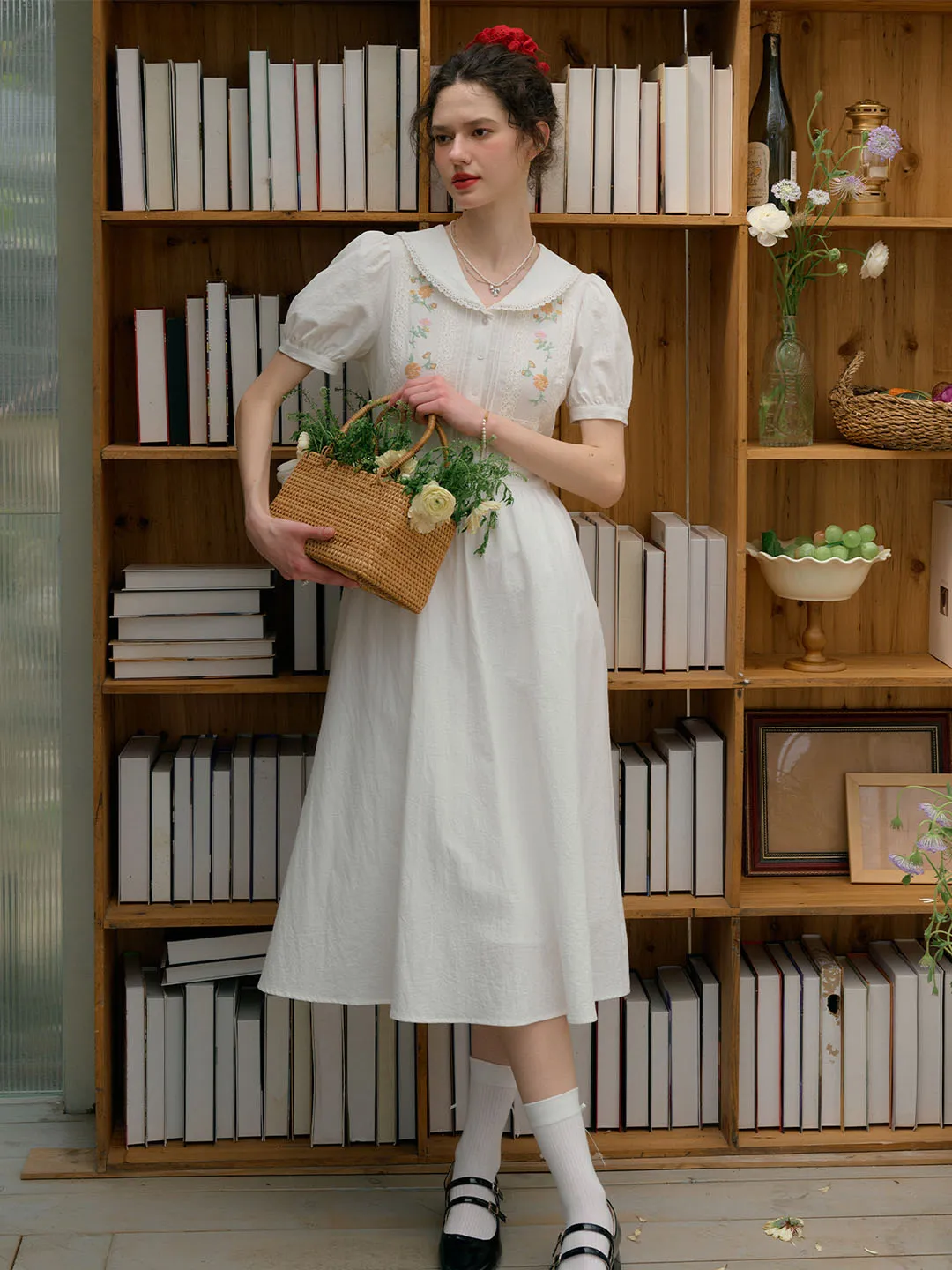 Adelina Peter Pan Collar Floral Embroidered Hollow Lace Puff Sleeve Cotton Dress