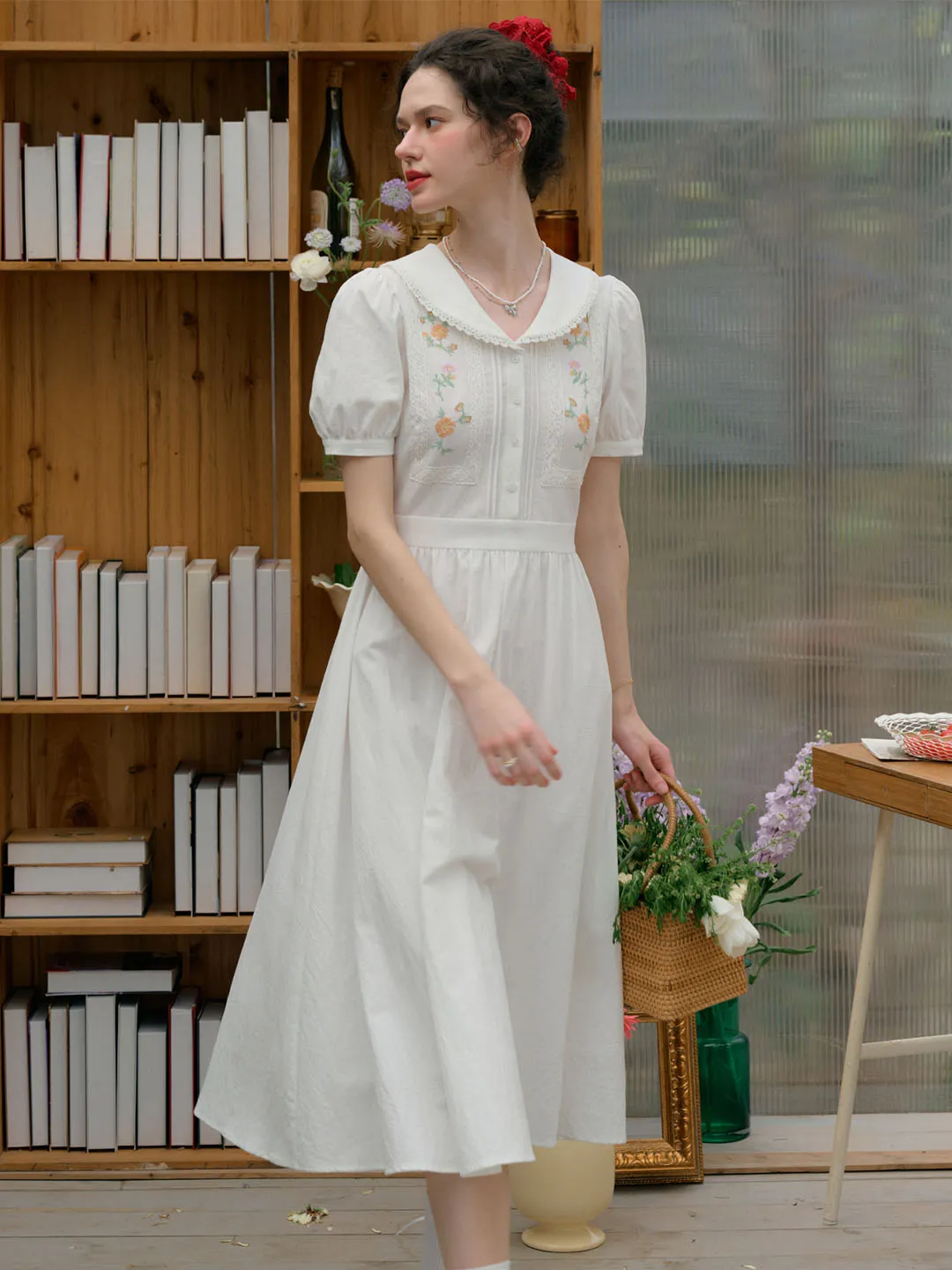 Adelina Peter Pan Collar Floral Embroidered Hollow Lace Puff Sleeve Cotton Dress