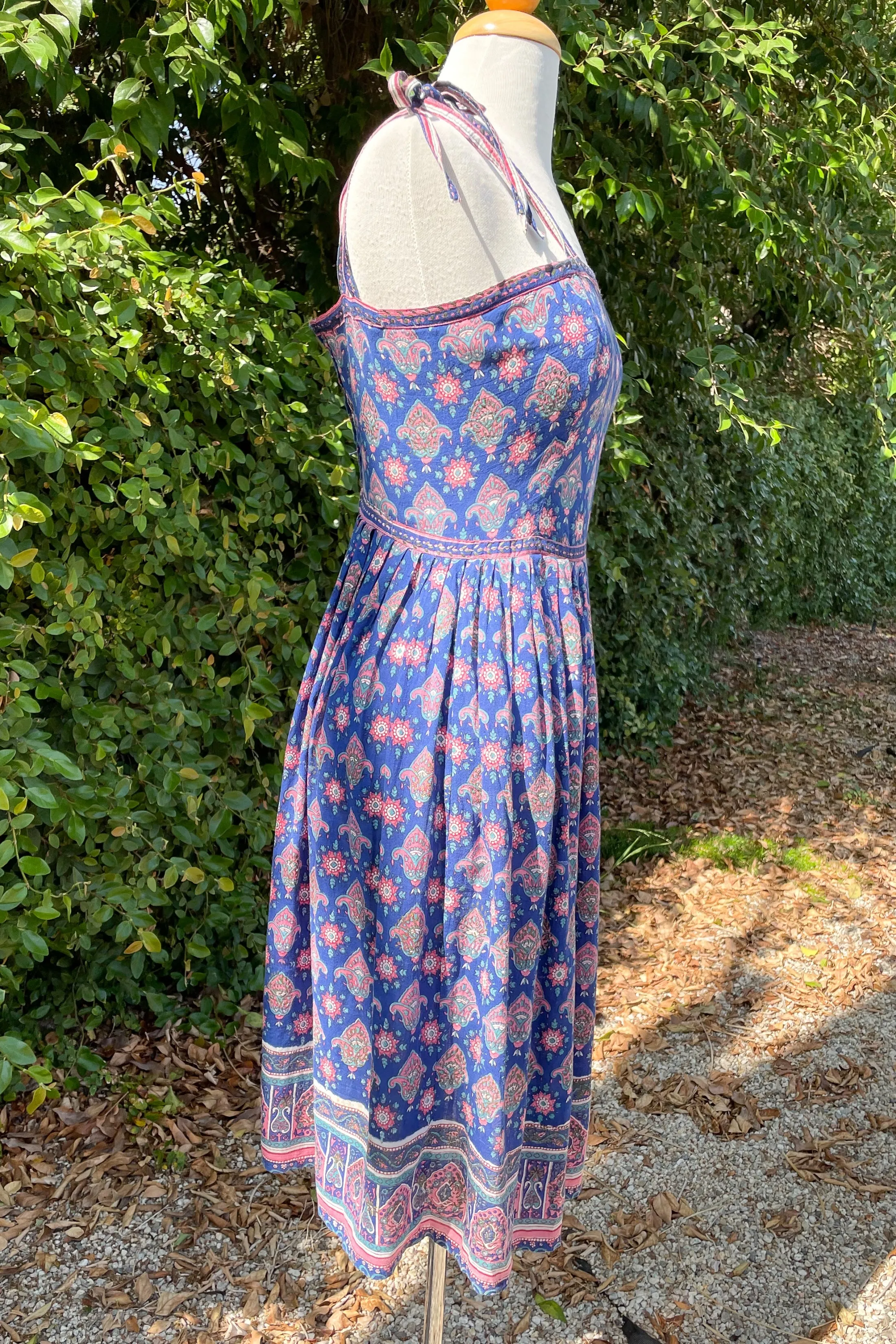 Adini Vintage 60s Strappy Sun Dress, Indian Block Print Dress, XXS/XS