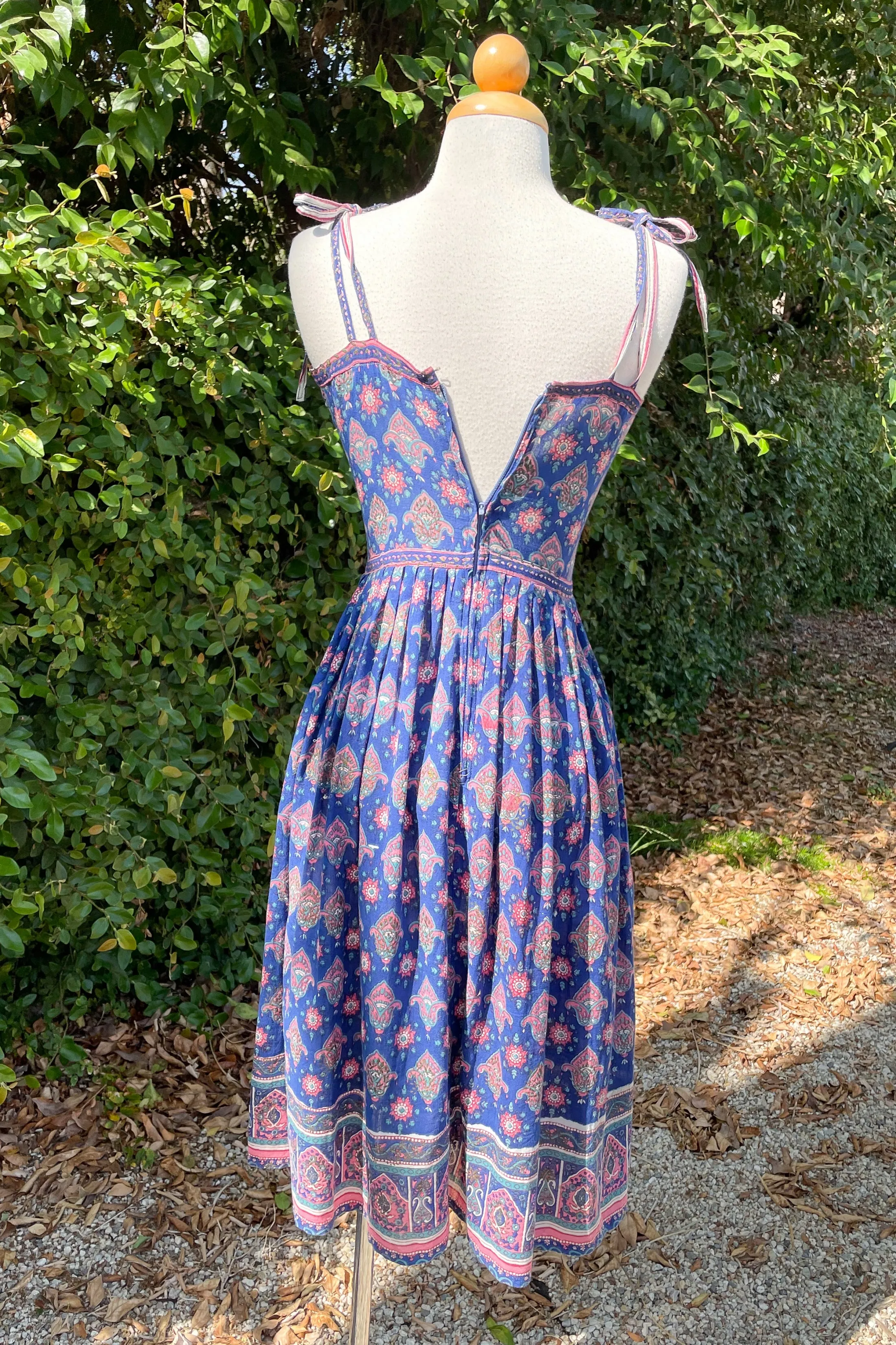 Adini Vintage 60s Strappy Sun Dress, Indian Block Print Dress, XXS/XS