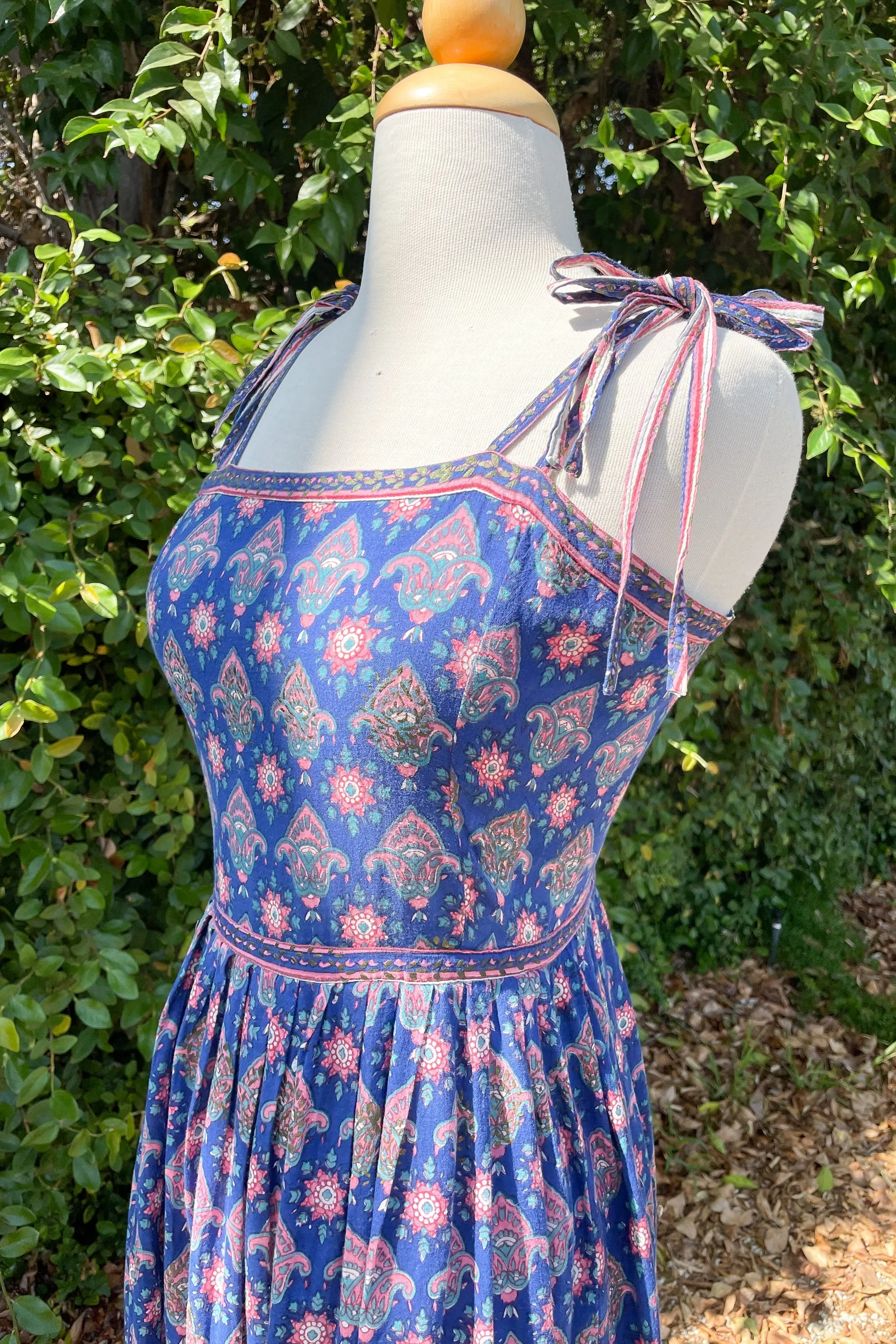 Adini Vintage 60s Strappy Sun Dress, Indian Block Print Dress, XXS/XS