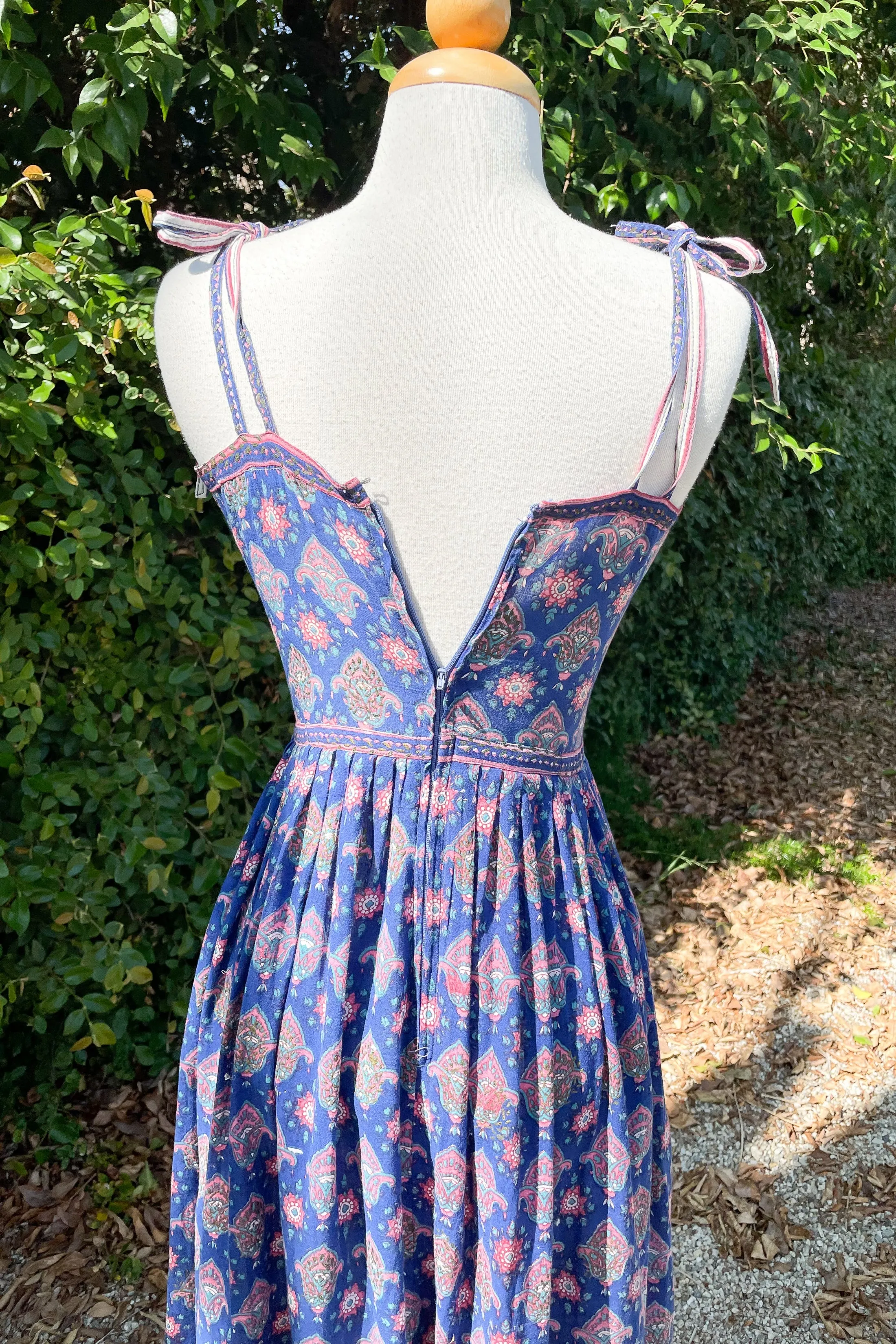 Adini Vintage 60s Strappy Sun Dress, Indian Block Print Dress, XXS/XS