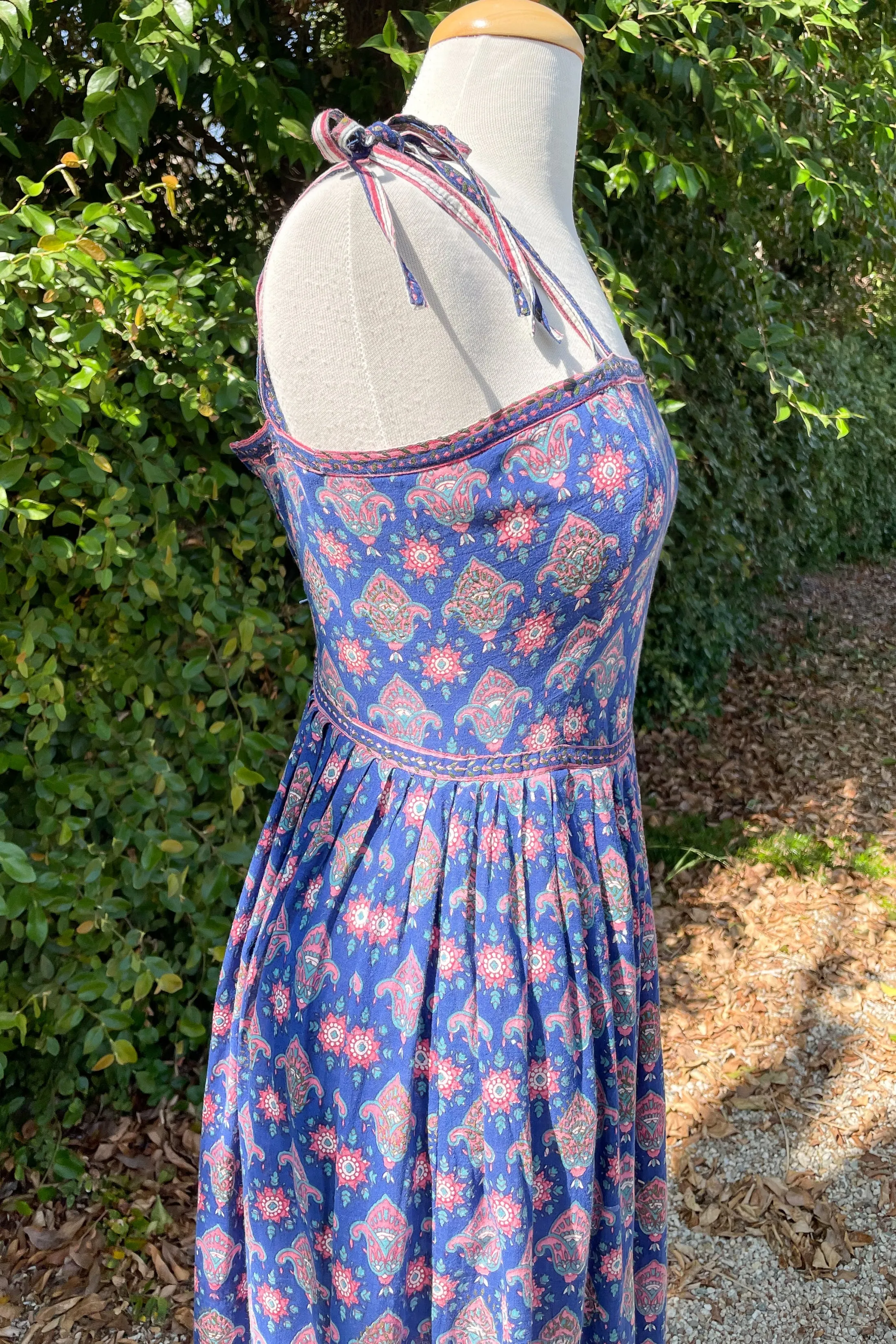 Adini Vintage 60s Strappy Sun Dress, Indian Block Print Dress, XXS/XS