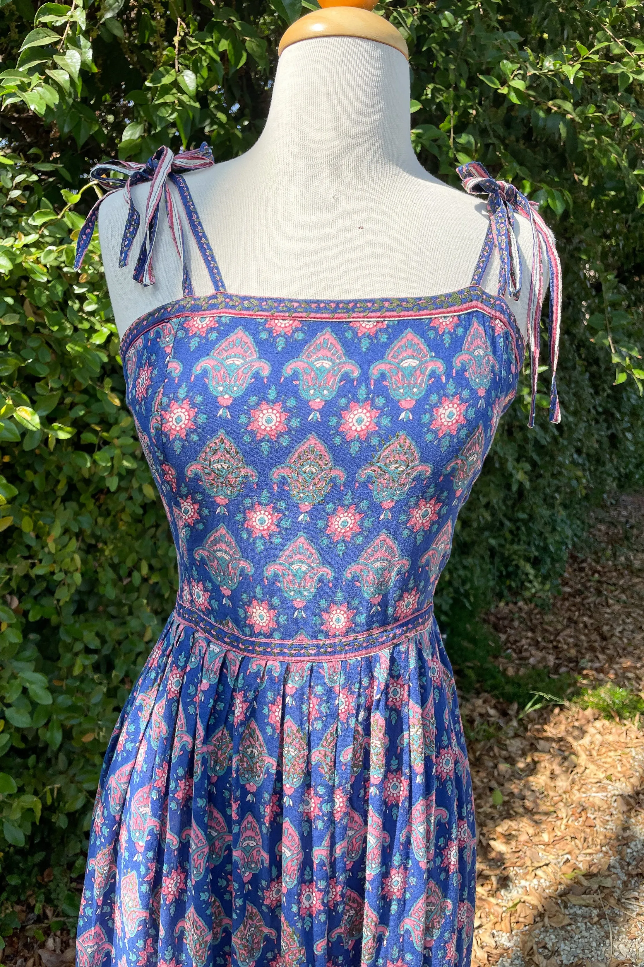 Adini Vintage 60s Strappy Sun Dress, Indian Block Print Dress, XXS/XS