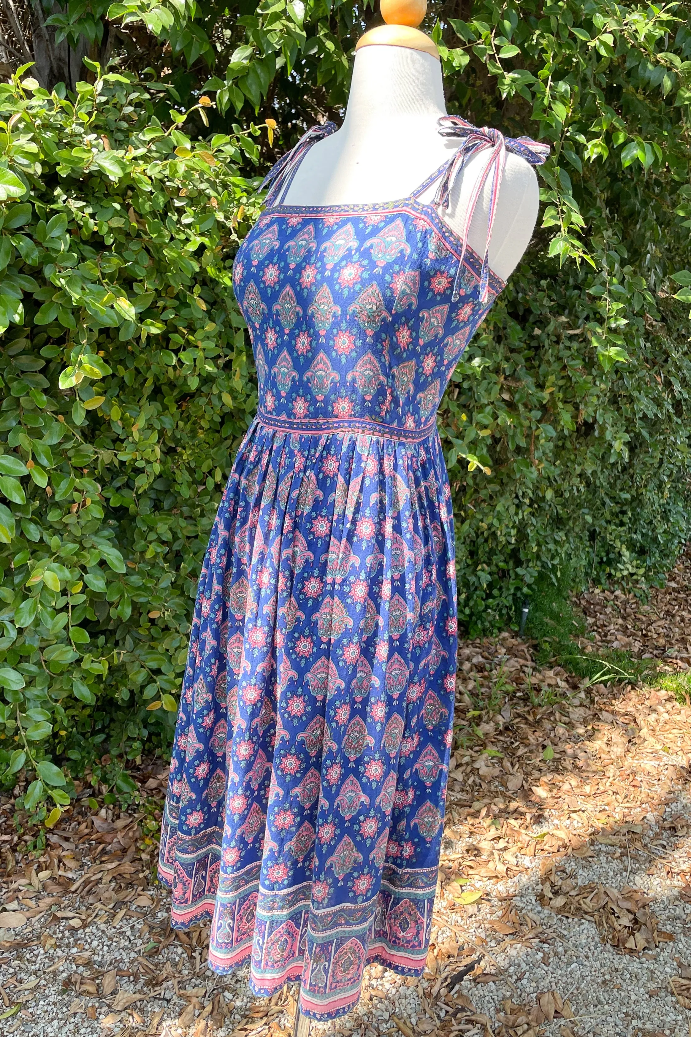 Adini Vintage 60s Strappy Sun Dress, Indian Block Print Dress, XXS/XS