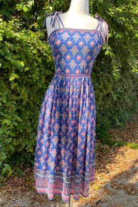 Adini Vintage 60s Strappy Sun Dress, Indian Block Print Dress, XXS/XS