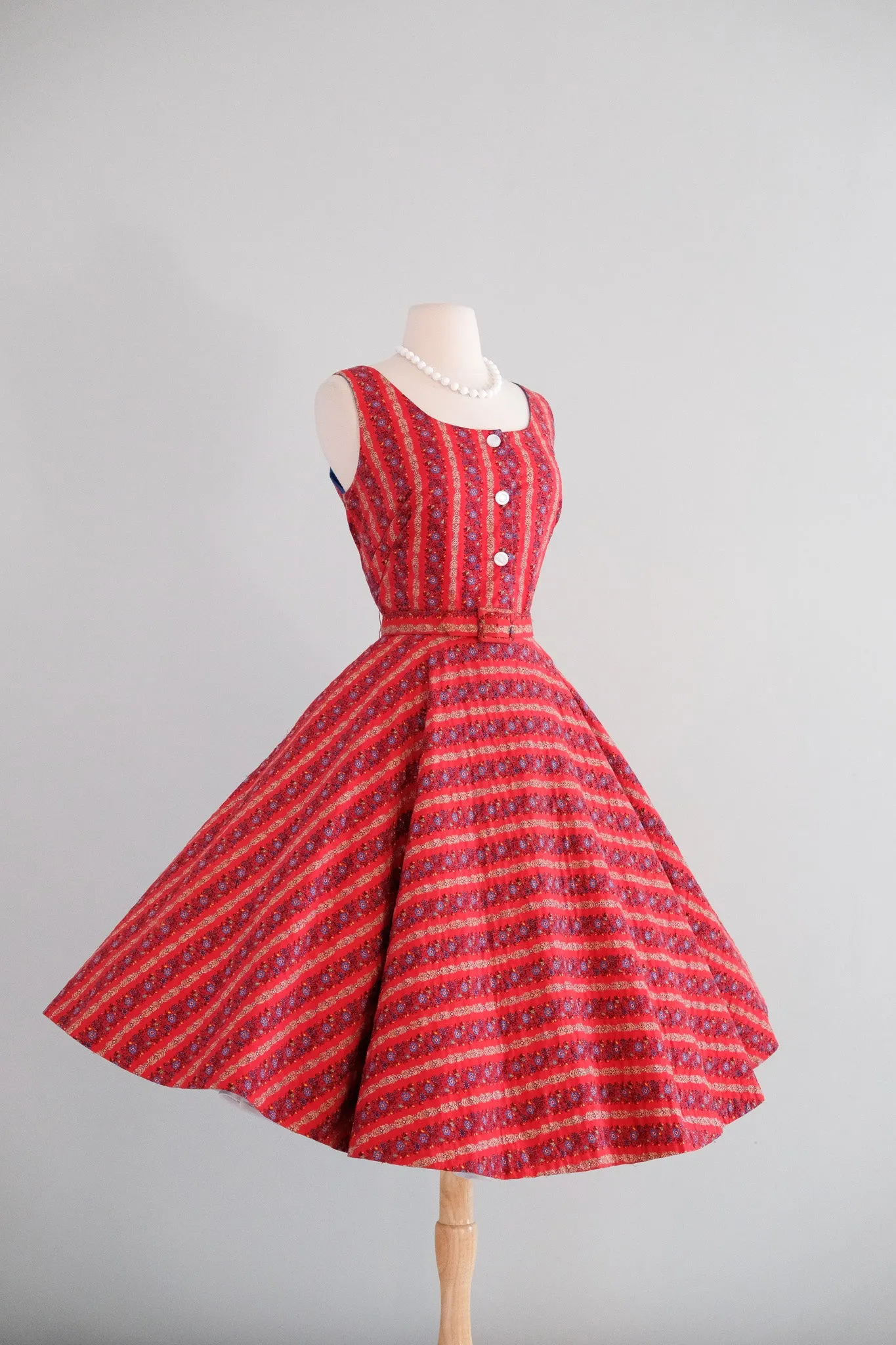 Adorable 1950's Red Quilted Floral Cotton Dress by Elaine Terry / M