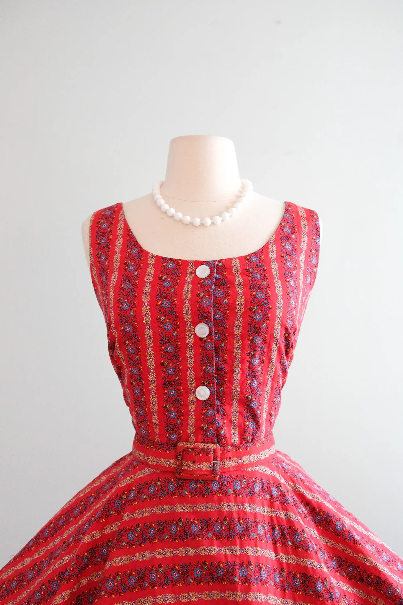 Adorable 1950's Red Quilted Floral Cotton Dress by Elaine Terry / M