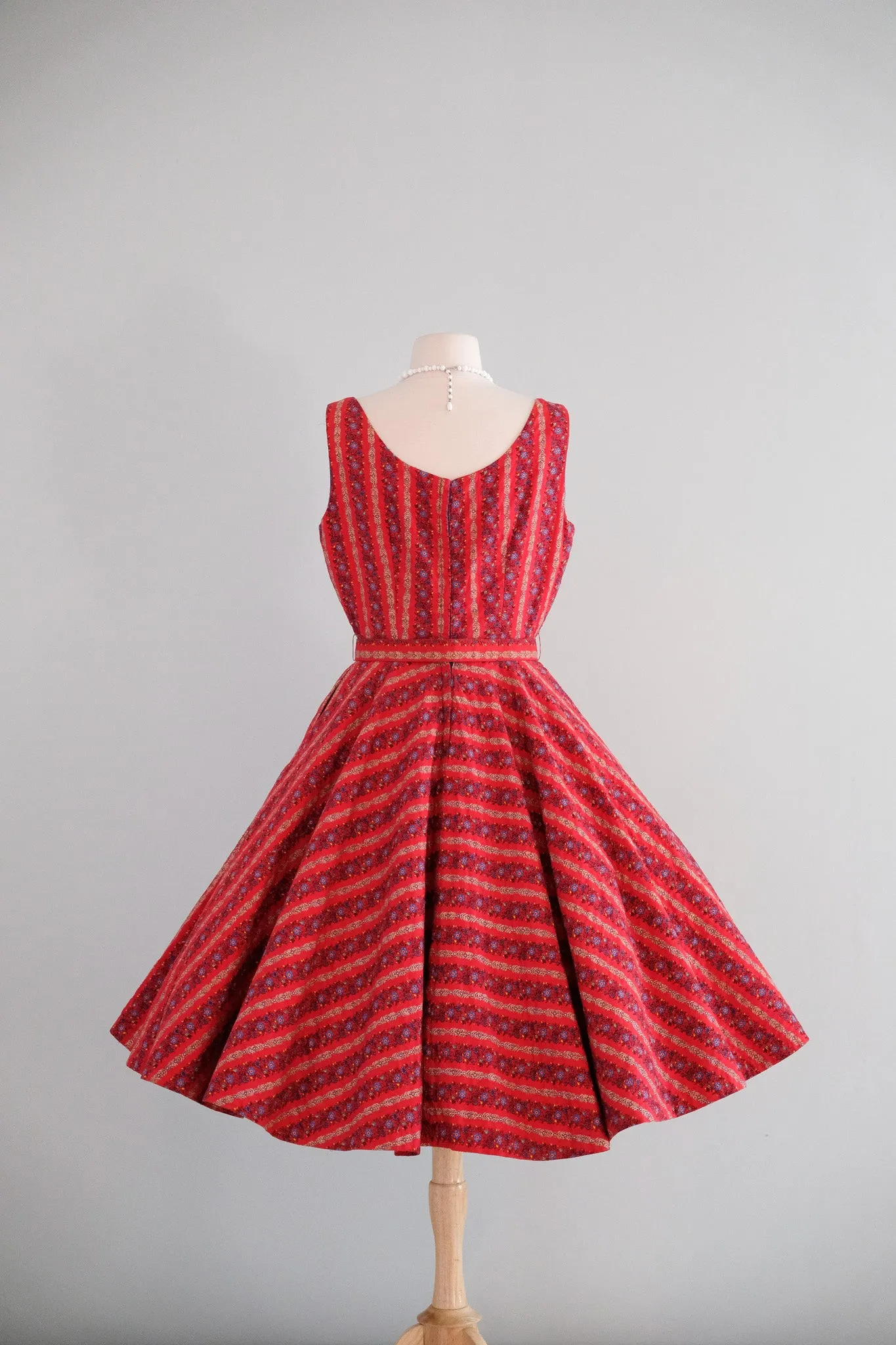 Adorable 1950's Red Quilted Floral Cotton Dress by Elaine Terry / M