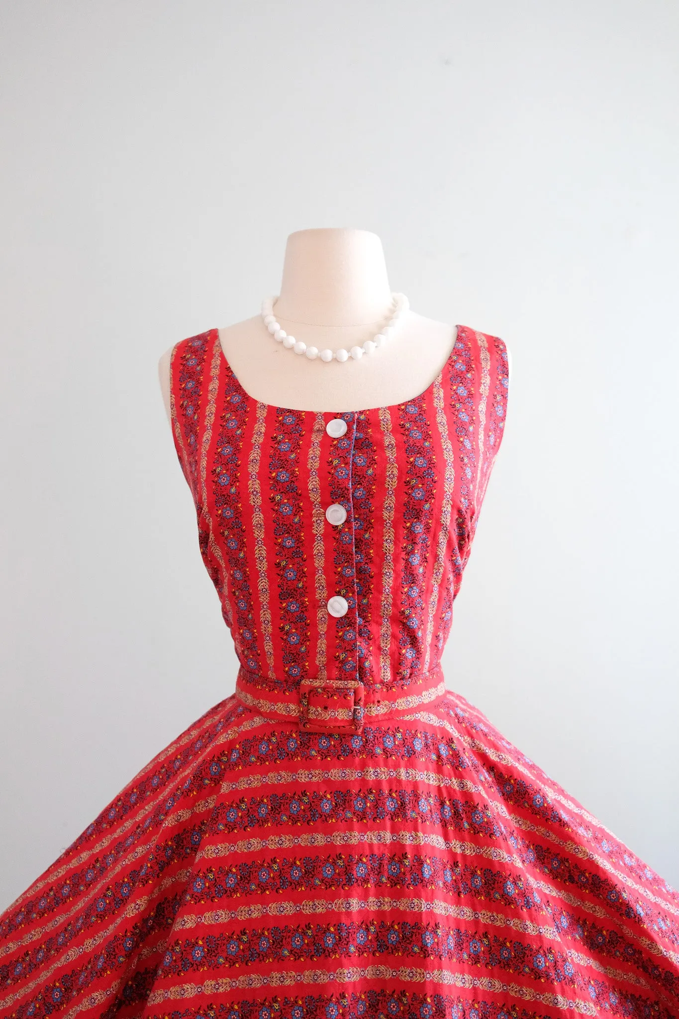 Adorable 1950's Red Quilted Floral Cotton Dress by Elaine Terry / M